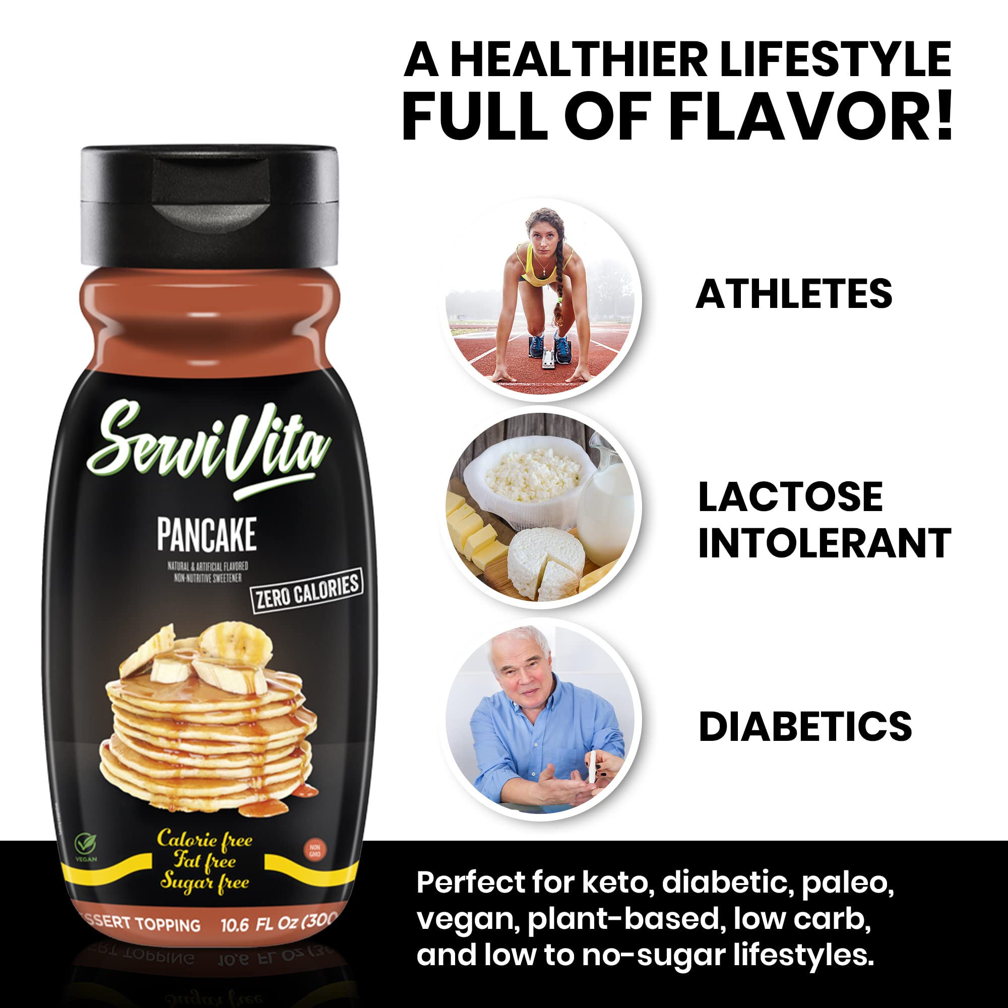 Sugar Free Pancake Syrup Zero Calories & Fat Free - 10.6 FL OZ Bottle | No Sugar Added, Gluten-Free, Non-GMO, Vegan & Keto Friendly Dessert Topping by ServiVita | Perfect for Pancakes, Waffles, French Toast & Low-Carb Diets