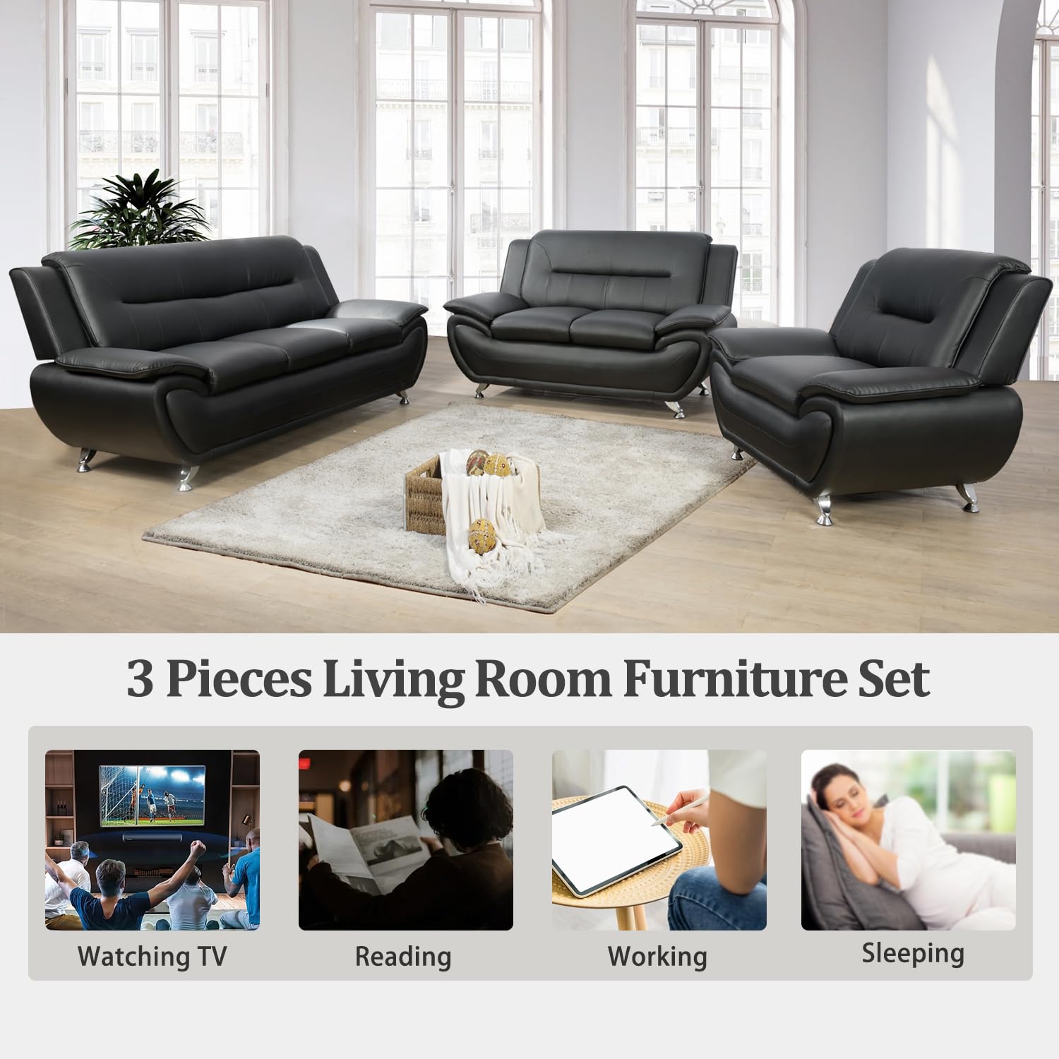 Modern 3-Piece Faux Leather Sofa Set - Black Living Room Furniture for Apartment, Office & Home | Comfortable Sectional Couch for Entertaining, Relaxing & Small Spaces
