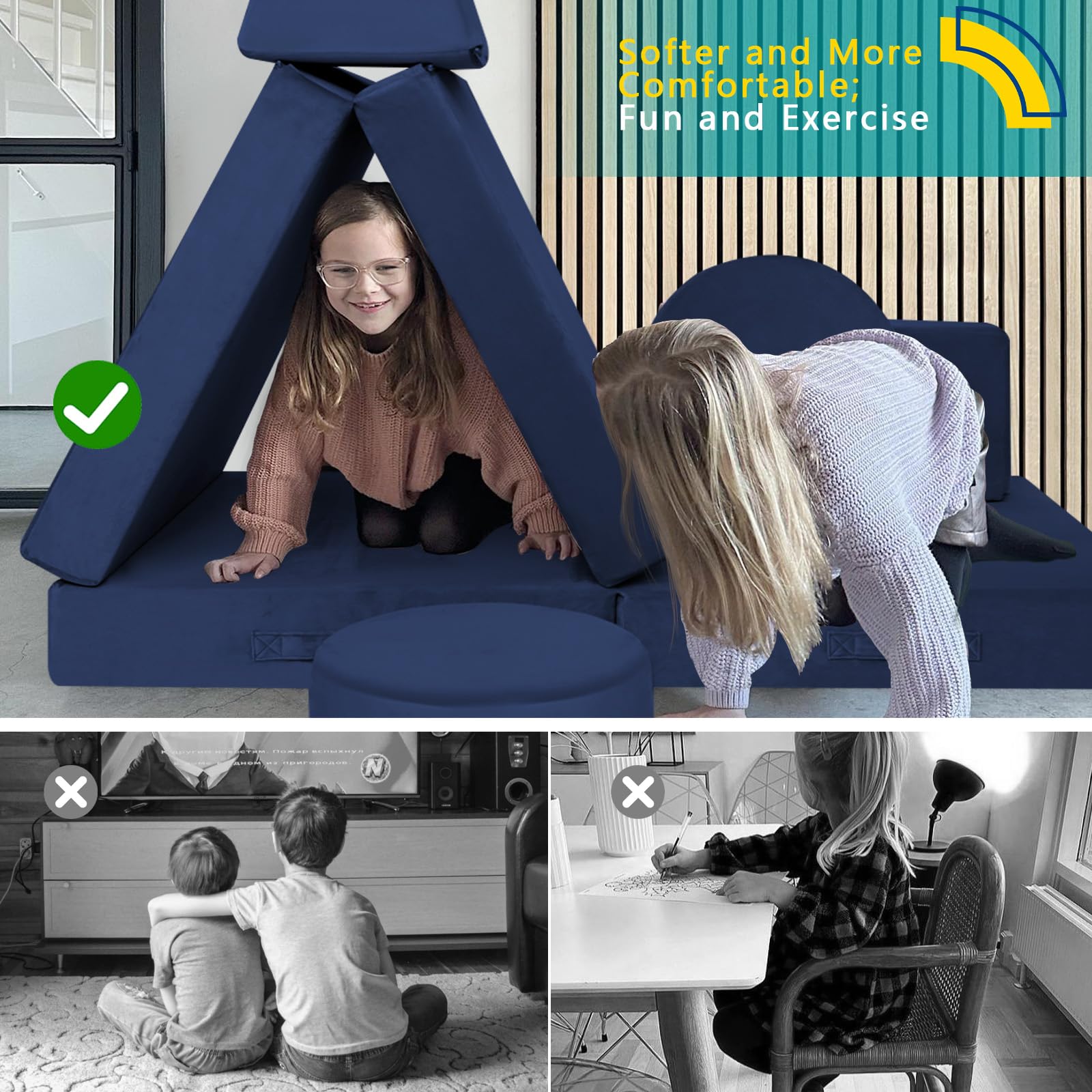 MeMoreCool Modular Kids Play Couch - Navy Blue Foam Sofa for Toddlers & Children | Playroom Furniture for Building Forts, Reading Nook & Indoor Playtime