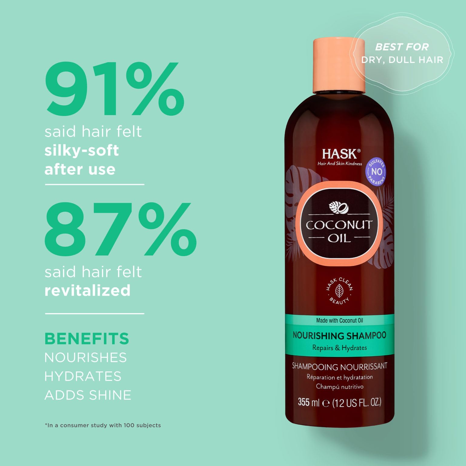 HASK Monoi Coconut Oil Nourishing Shampoo 355ml - Sulfate & Paraben Free Hydrating Shampoo for Dry, Damaged Hair | Deep Moisturizing Hair Care for Women & Men | Perfect for Daily Use & Salon-Quality Results at Home
