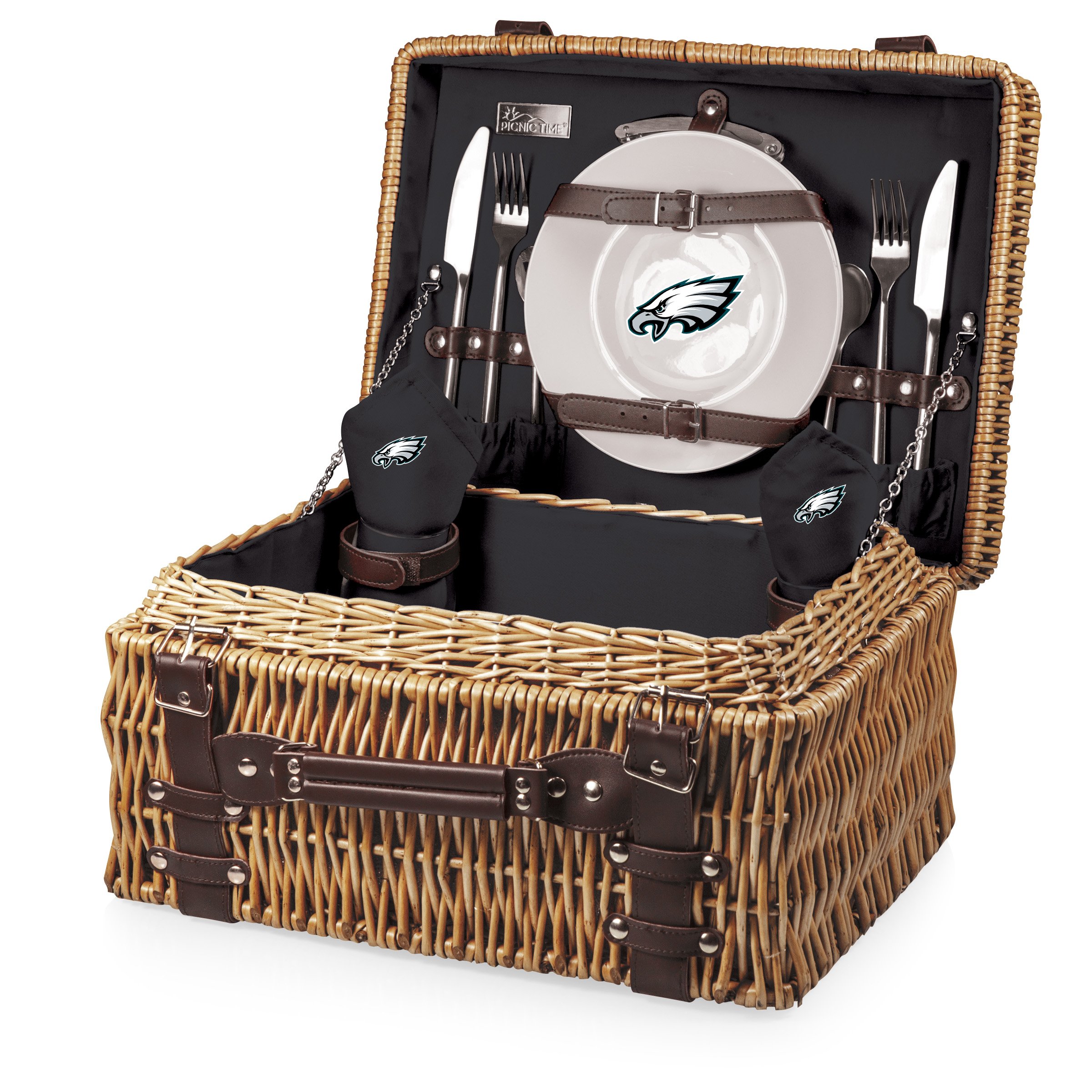 **PICNIC TIME NFL Champion Picnic Basket for 2 – Wicker Picnic Basket Set with Plates, Utensils & Blanket – Perfect for Outdoor Picnics, Tailgating & Game Day Gatherings (Black with Brown Accents)**