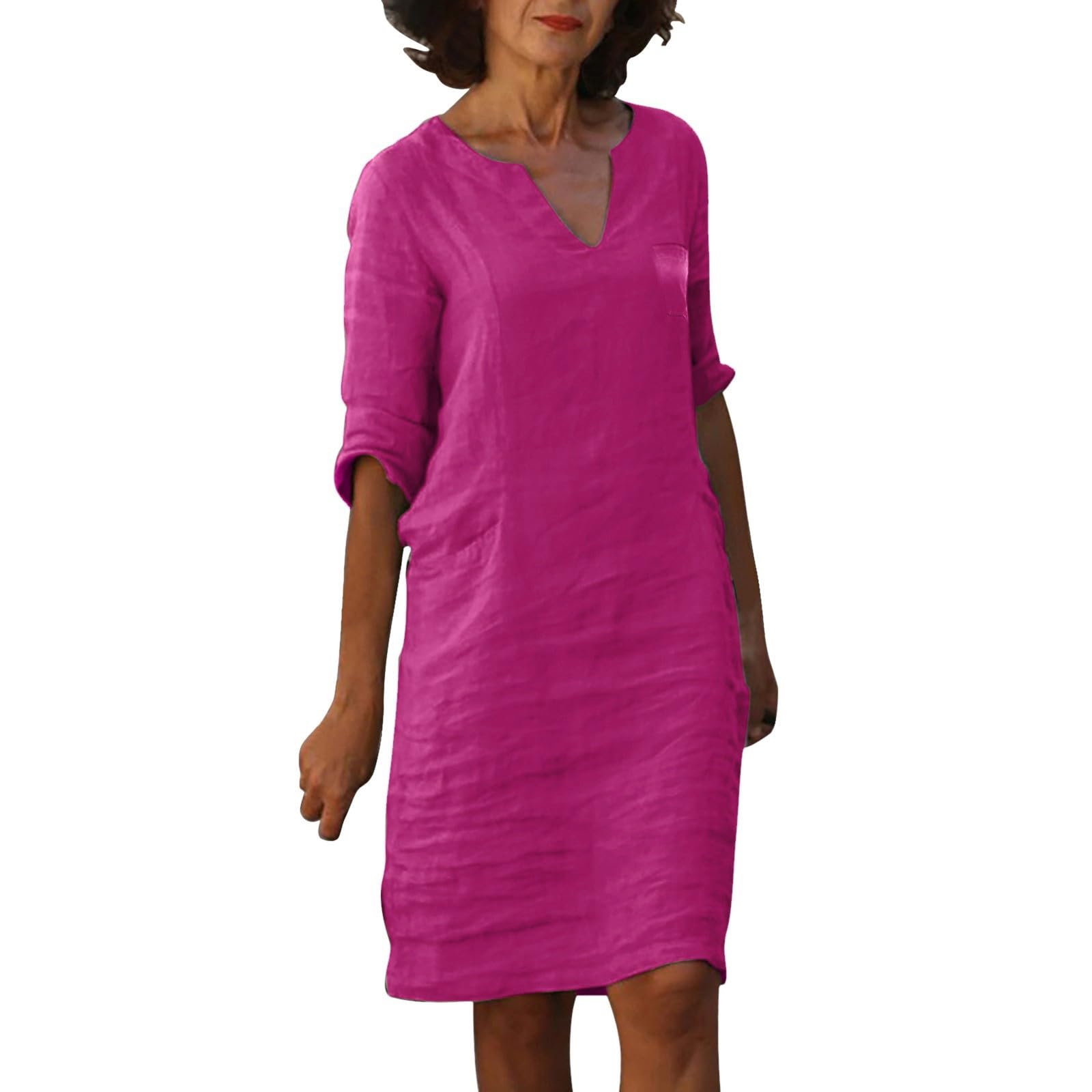 Eduavar Women's Casual Summer Linen Dress 2024 - Lightweight Comfortable Loose V-Neck Short Sleeve Mini Dress for Beach, Vacation & Daily Wear
