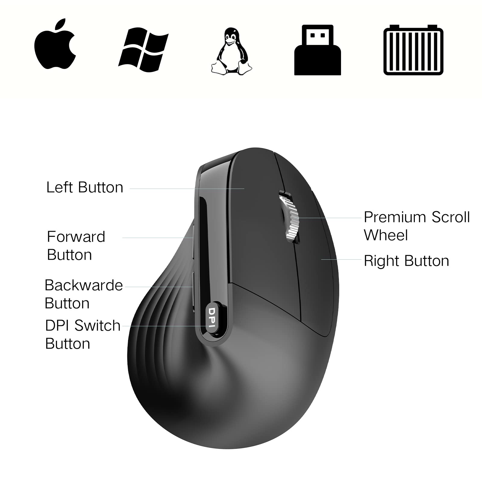 PINKCAT Wireless Ergonomic Vertical Mouse - 2.4G USB-C Rechargeable, Silent Click, Adjustable DPI (800/1200/1600) for Laptop, PC, Mac - Black | Perfect for Office Work, Gaming & Long Computer Sessions
