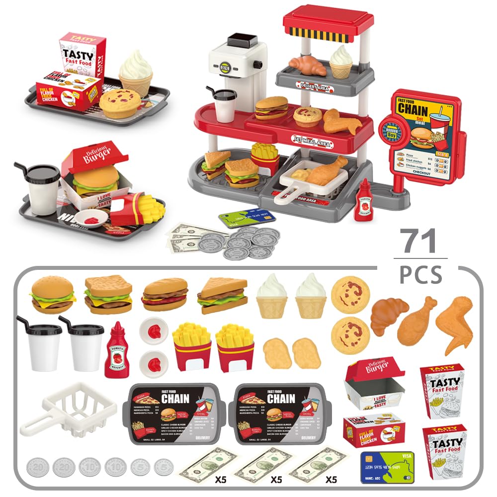 Realistic Fast Food Toy Set with Coffee Maker, Card Reader, Hamburger, Fries & Sandwich - Pretend Play Grocery Store for Kids - Perfect for Role Play, Birthday Gifts & Early Learning