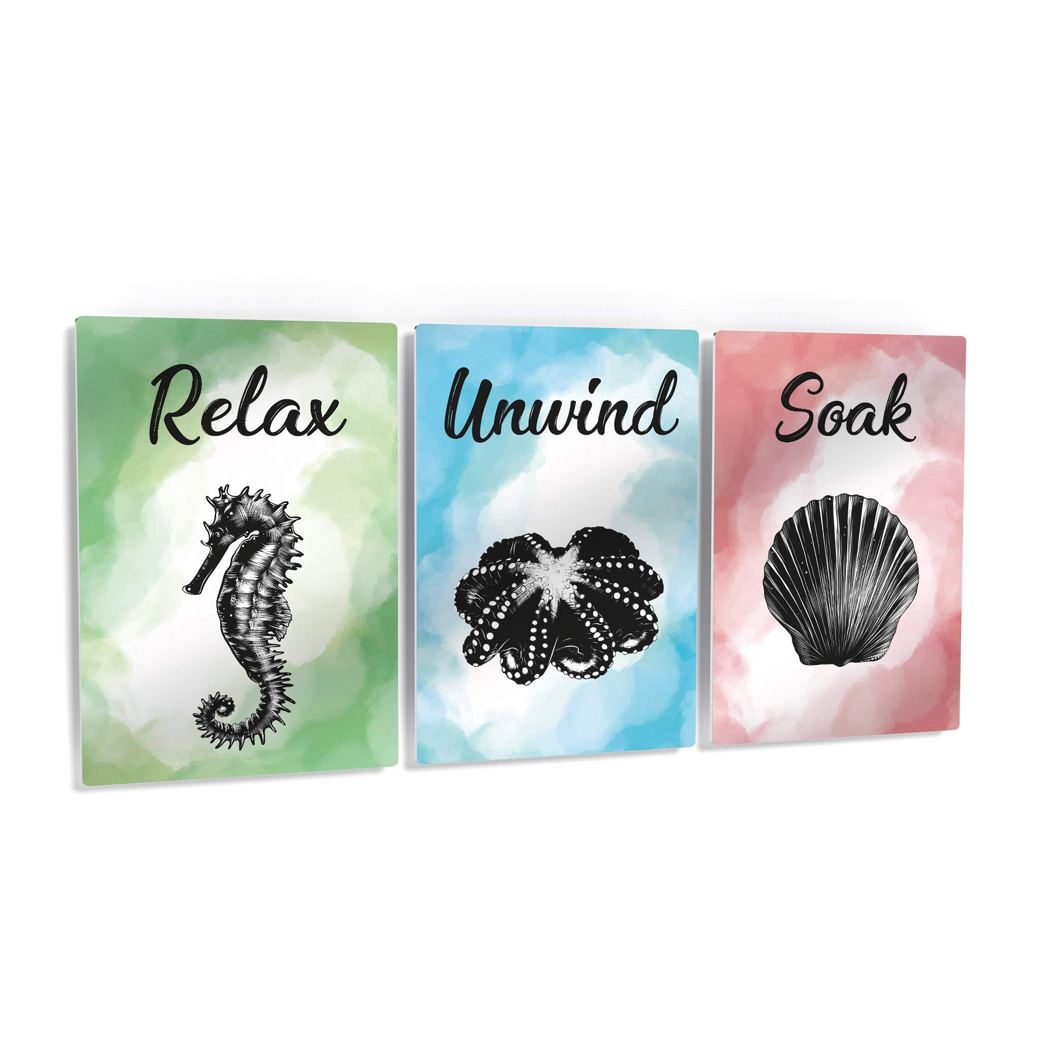Smile Art Design 3-Piece Metal Print Set - Relax Soak Unwind Quote Bathroom Wall Decor, Funny Toilet Sign, Ready to Hang (12x8 inches) - Perfect for Bathroom, Powder Room & Spa Decor