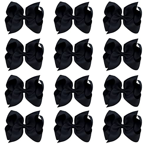 Oaoleer 12-Piece Big Hair Bows for Girls - 6 Inch Black Grosgrain Ribbon Boutique Bows with Alligator Clips - Hair Accessories for Toddlers, Little Girls & Kids - Perfect for Parties, School & Special Occasions