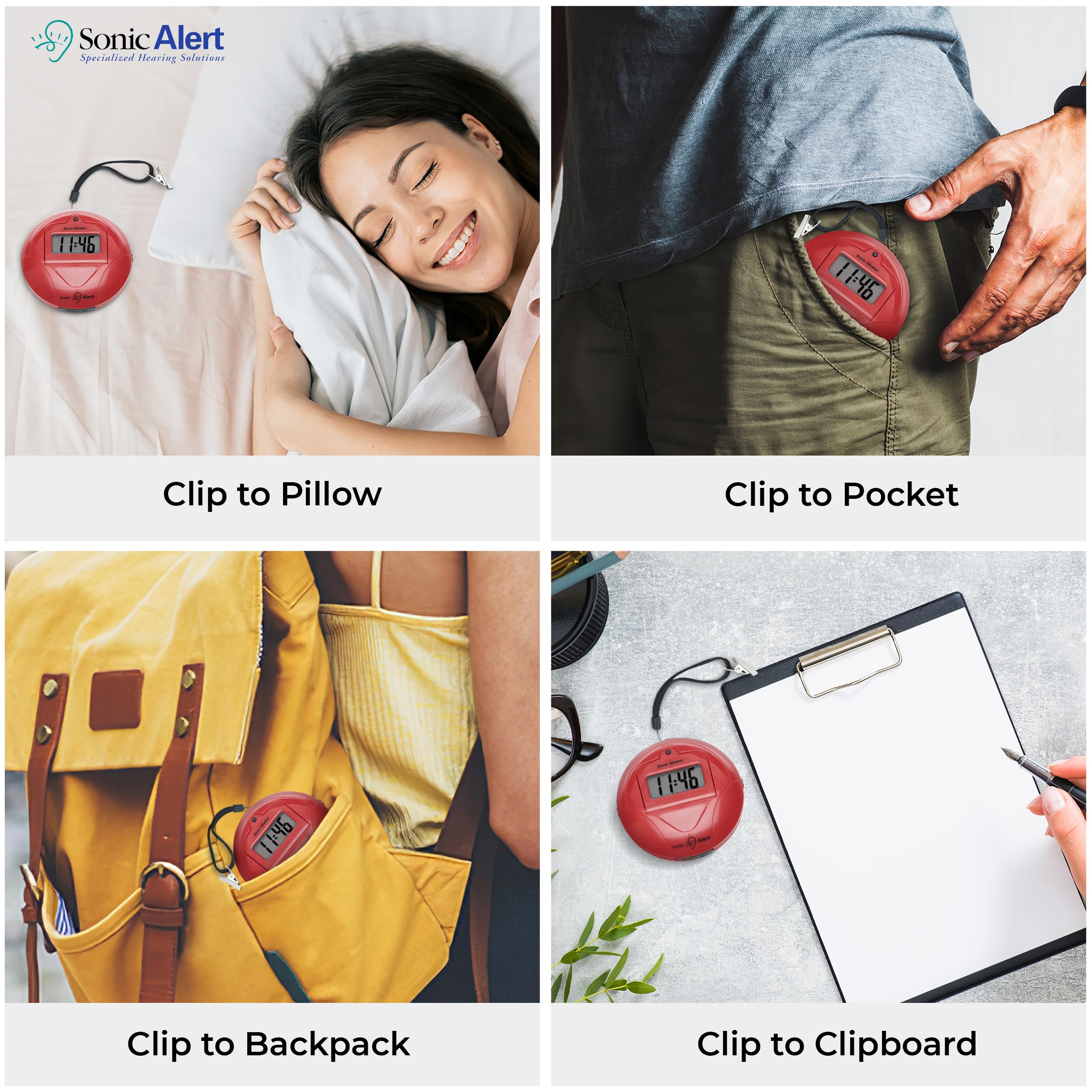 Sonic Alert Digital Alarm Clock for Heavy Sleepers - Loud Bed Shaker & Vibrating Alarm Clock Under Pillow - Battery Powered Travel Alarm Clock (Red) - Perfect for Deaf, Seniors, and Deep Sleepers at Home or Traveling