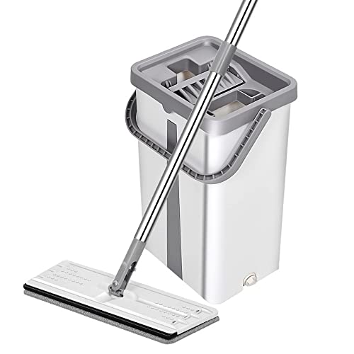 Hands-Free Flat Mop and Bucket Set with 6 Microfiber Pads - Separates Dirty & Clean Water for Efficient Home & Office Floor Cleaning (White) - Perfect for Hardwood, Tile & Laminate Floors