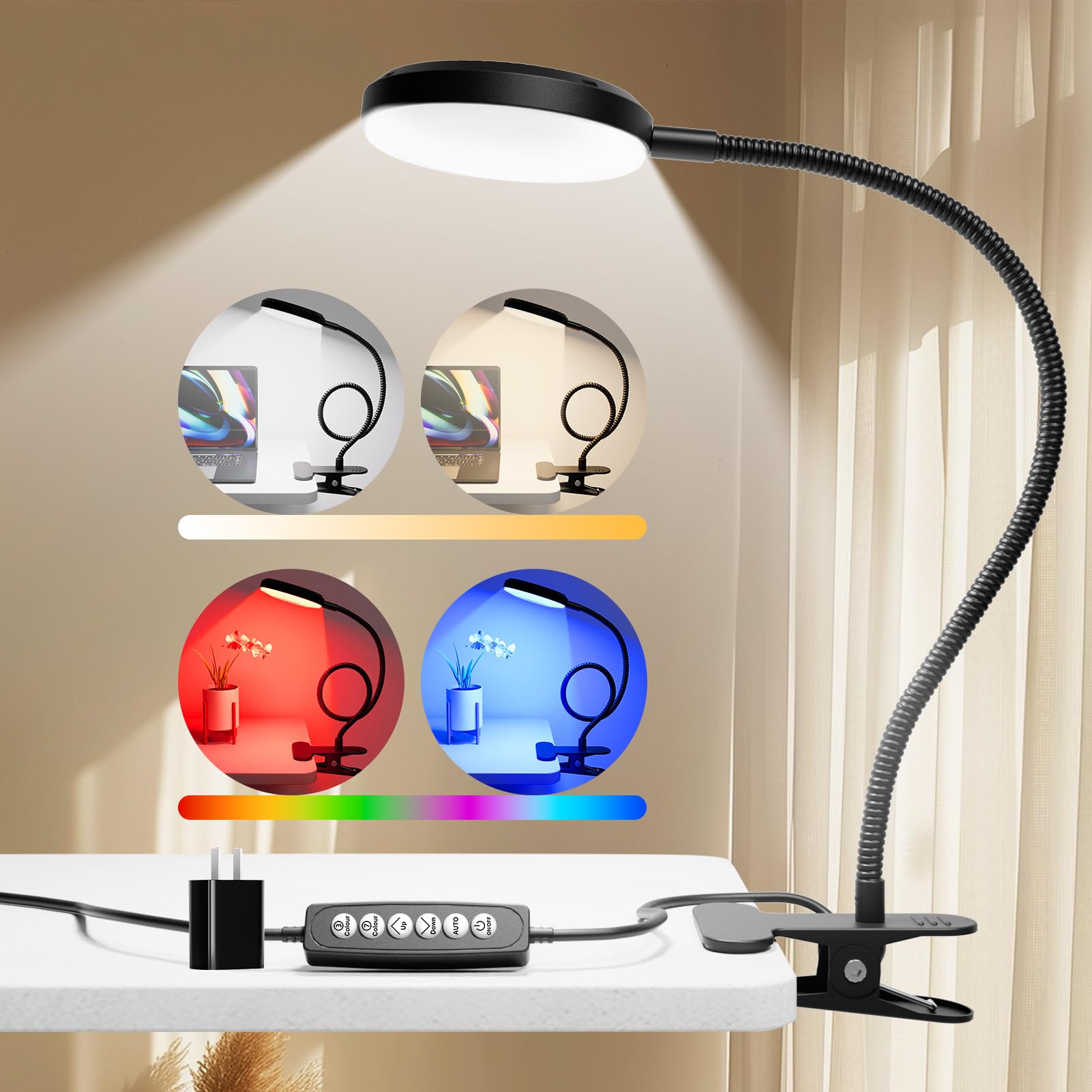 2-in-1 Clamp Desk Lamp with 10W Adjustable Gooseneck - RGB Color Changing & Warm White LED Light for Reading, Studying, Night Light - Perfect for Bed Headboard, Computer Desk, Office and Dorm Room (Black)