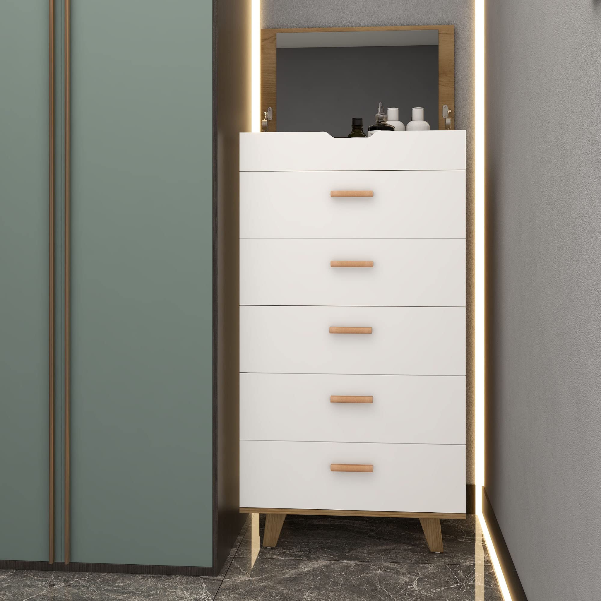 Mid Century Modern 5-Drawer Dresser with Mirror - Solid Wood Chest of Drawers for Bedroom, Nursery & Guest Room - Natural Wood Finish Storage Furniture for Home Organization