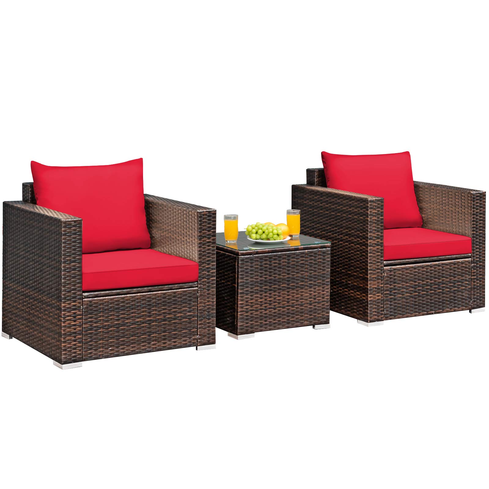 Tangkula 3-Piece Outdoor Patio Furniture Set with Washable Cushions & Tempered Glass Table - PE Rattan Wicker Sofa Set for Garden, Poolside, Balcony - Perfect for Relaxing, Entertaining & Outdoor Dining