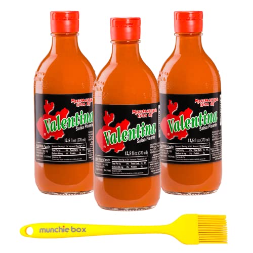 Valentina Extra Hot Mexican Hot Sauce - 3 Bottles Set with Munchie Box Basting Brush | Spicy Black Label Salsa Picante for Tacos, Wings, BBQ & Cooking | Perfect for Home Chefs & Hot Sauce Lovers