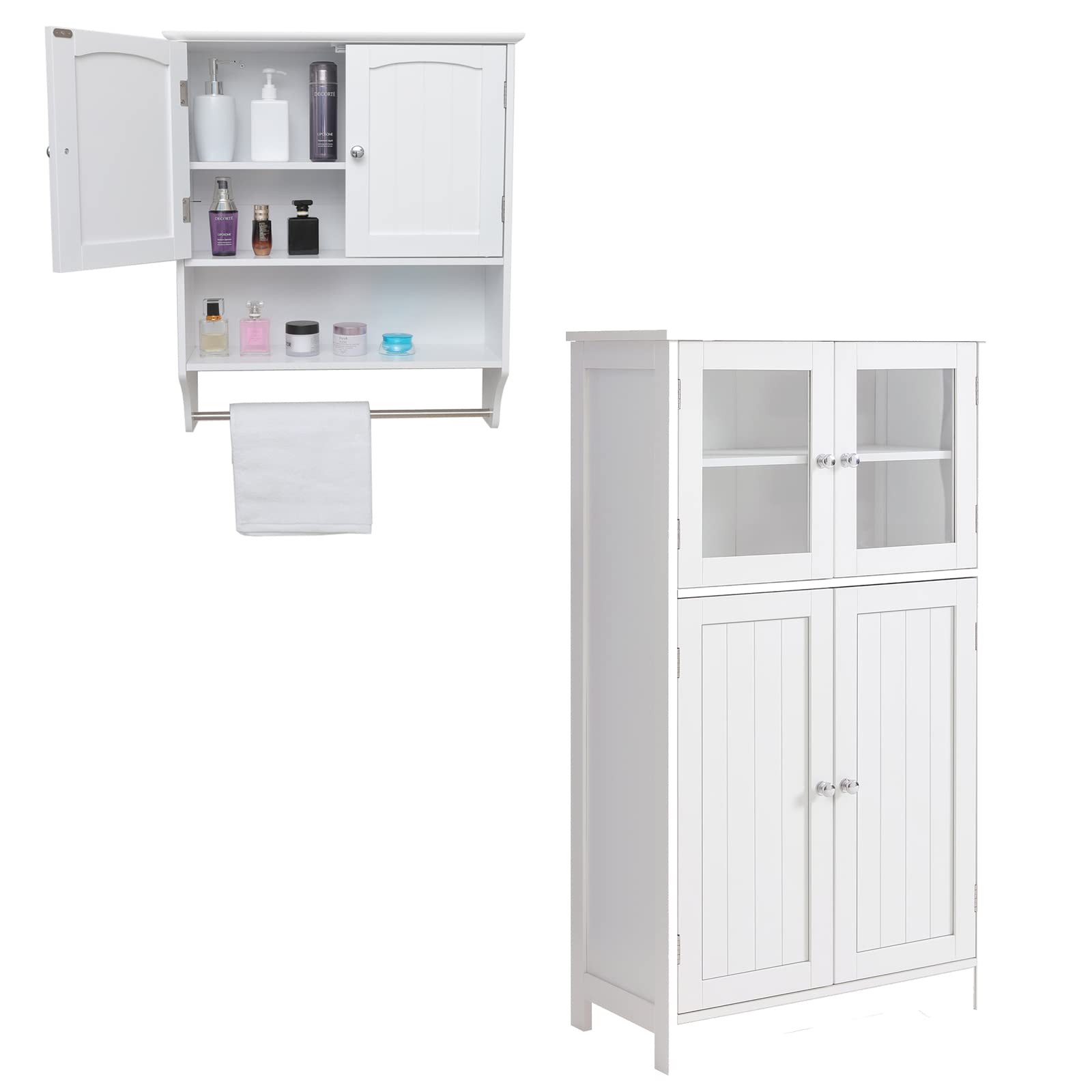 IWELL Bathroom Storage Cabinet Set - Wall Mounted Medicine Cabinet with Adjustable Shelf & Floor Cabinet with Glass Doors - Perfect for Bathroom Organization & Small Space Storage