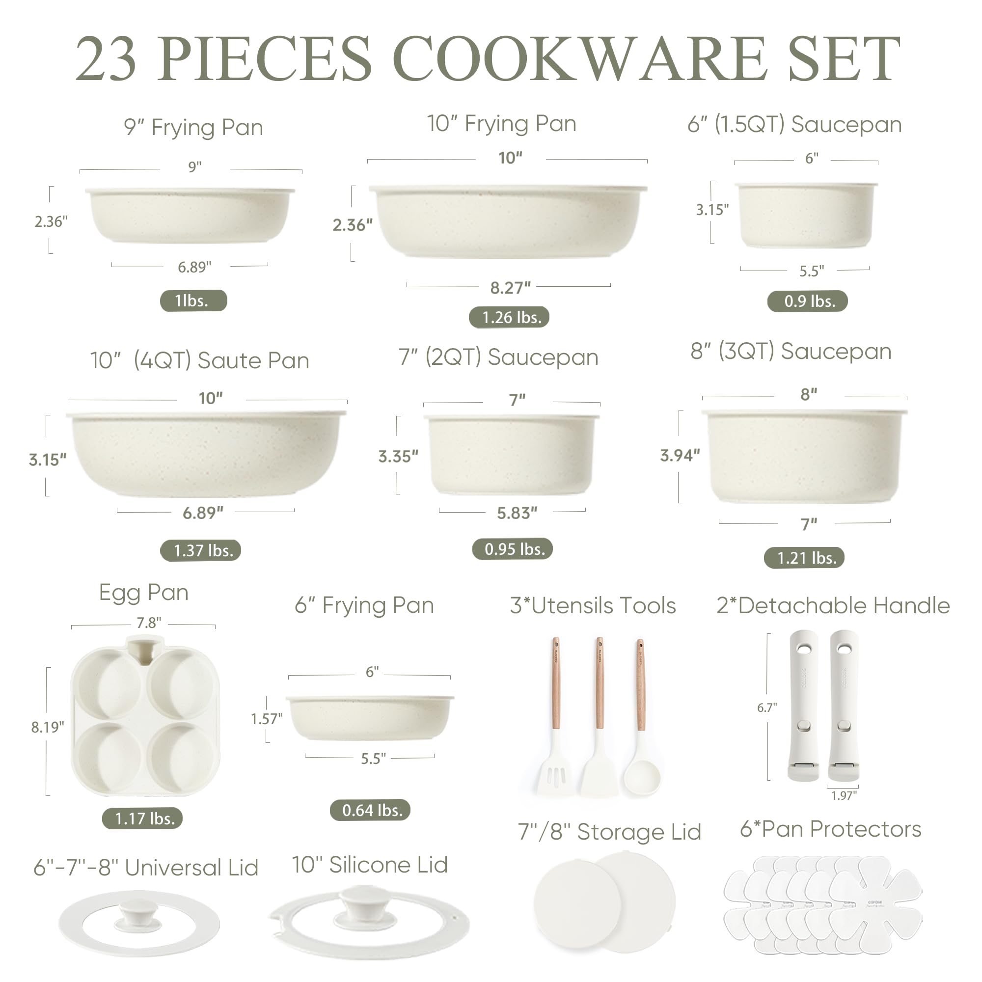 CAROTE 23-Piece Nonstick Cookware Set - Induction Compatible Pots and Pans with Detachable Handle, Oven/Dishwasher Safe, Space Saving Kitchen Set for RV, Apartment & Small Spaces - Cream Color