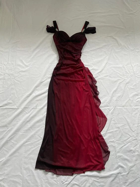 Elegant Burgundy A-Line Shiny Long Prom Dress with Ruffles - Perfect for Evening Gowns, Formal Dances & Special Occasions | Style J2599