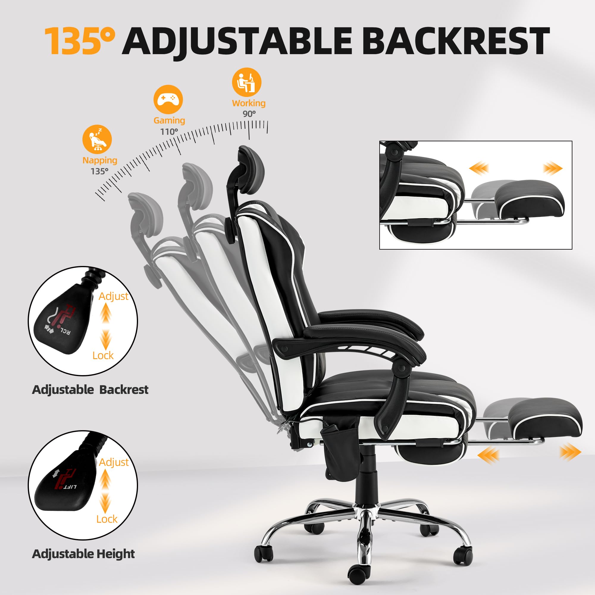 HOMREST 6-Point Ergonomic Massage Office Chair with Adjustable Footrest & Heated Reclining Backrest - Padded Armrest Executive Gaming Chair in Black - Perfect for Home Office, Workstation & PC Gaming Setup