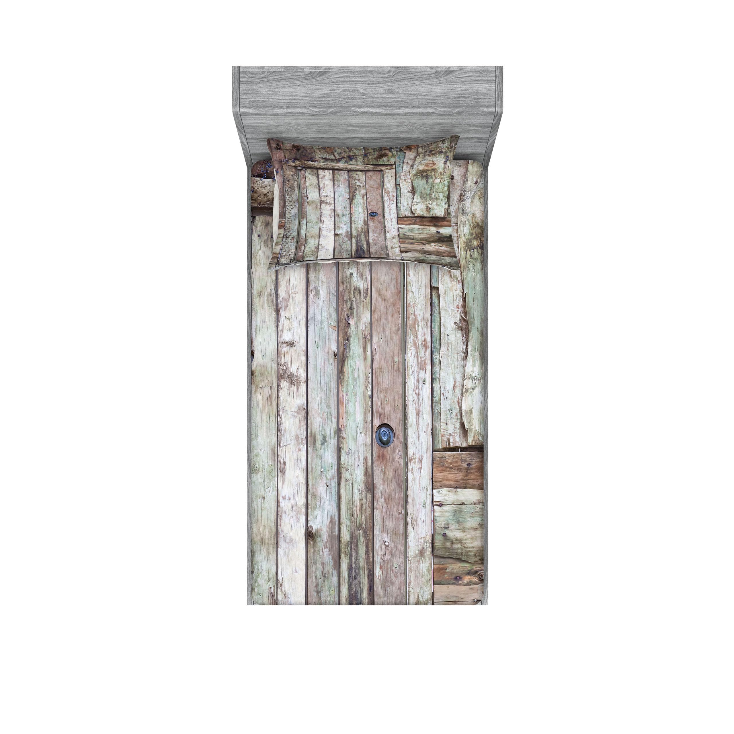 Ambesonne Rustic Fitted Sheet & Pillow Sham Set - Old Barn Door Cottage Country Cabin Theme Bedding Decor | Twin XL Size in Warm Taupe Cocoa | Perfect for Farmhouse, Rustic & Cabin Style Bedrooms