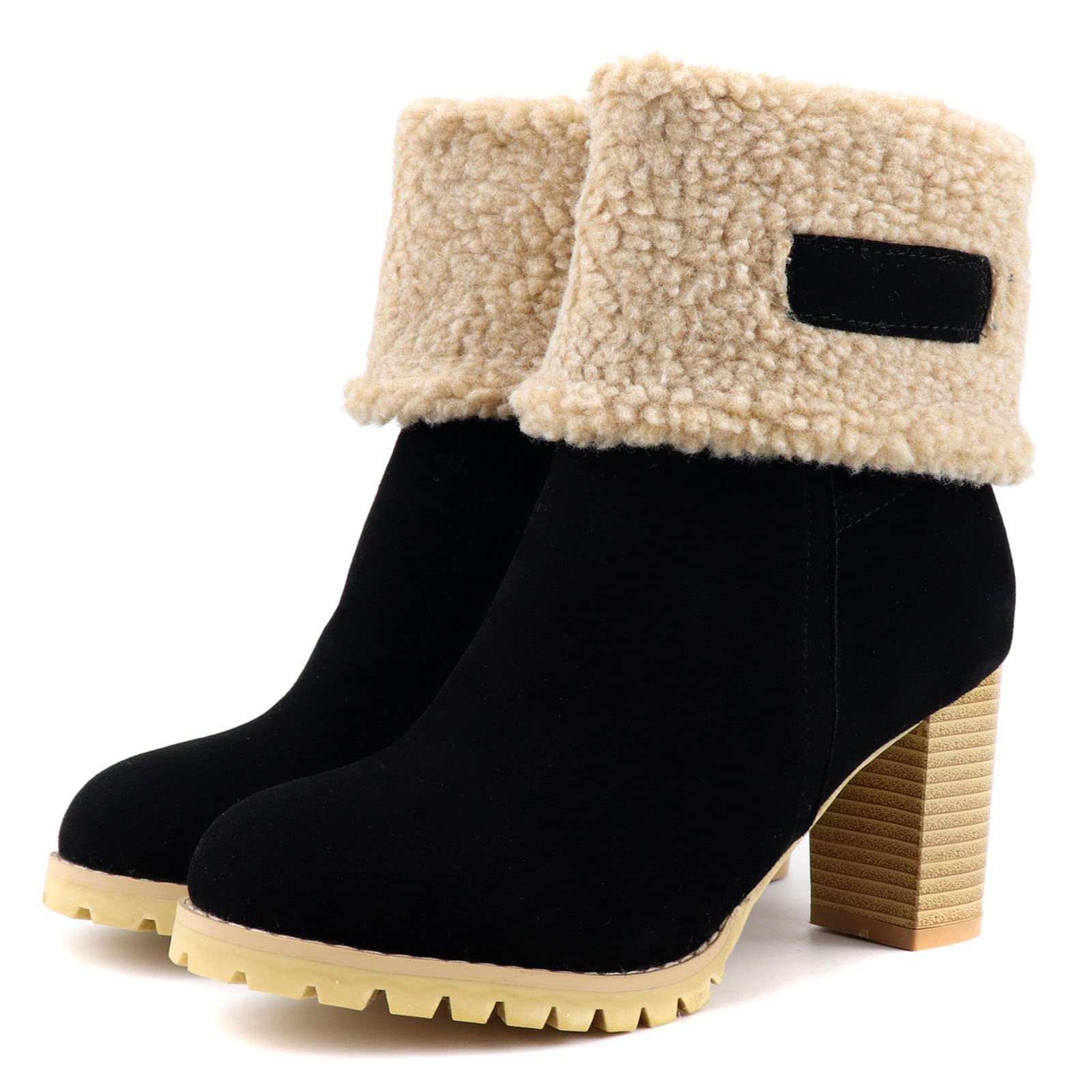 Women's Winter Snow Boots - Warm Suede Mid-Calf Boots with Chunky Block Heel & Faux Fur Lining | Round Toe Hiking Boots for Outdoor Activities | Perfect for Snowy Weather, Casual Wear & Winter Adventures