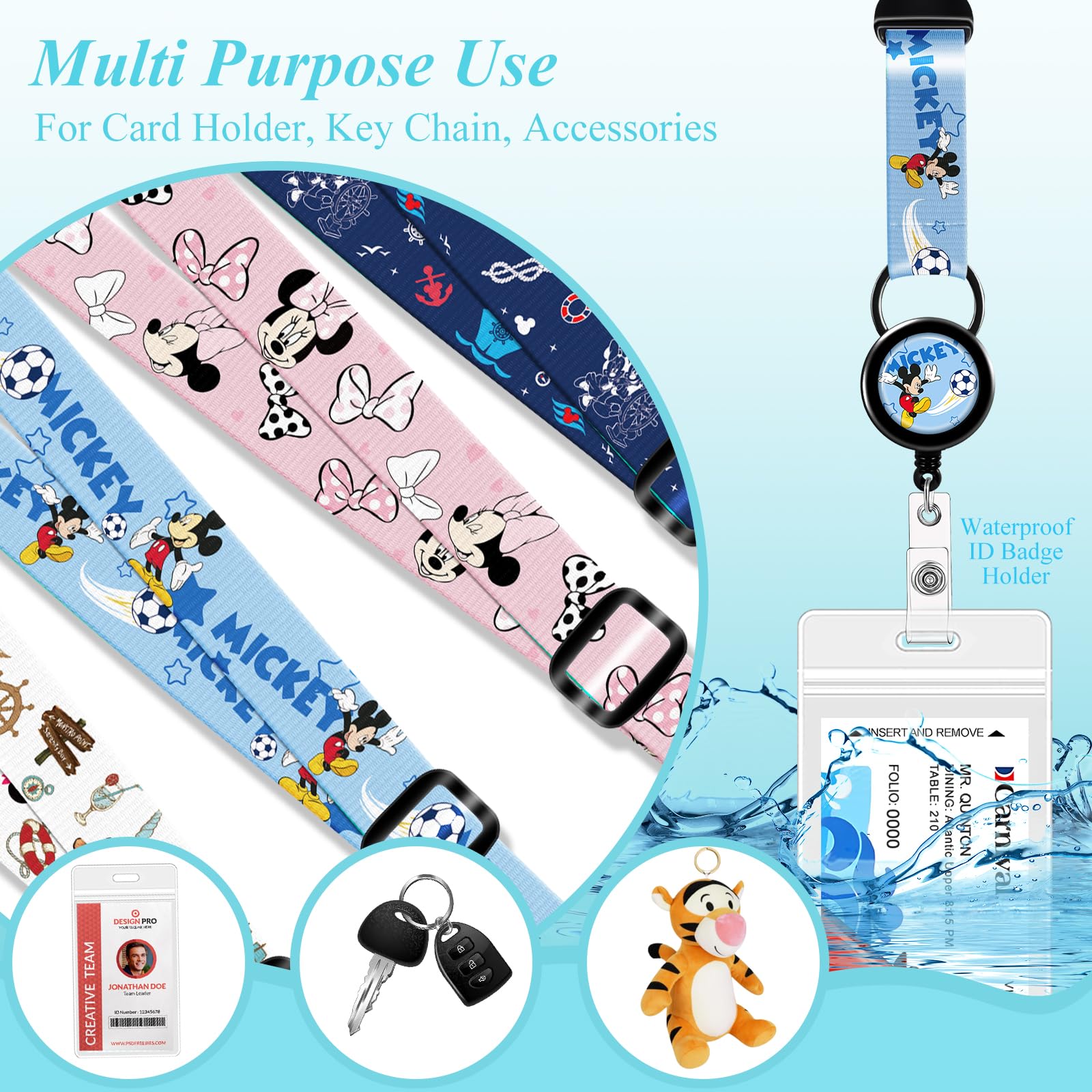 **Akkya 2 Pack Waterproof Retractable Cruise Lanyard for Ship Cards - Cute Cartoon Travel ID Badge Holder with Reel - Perfect for Cruise Vacations, Theme Parks & Work (Light Blue)**