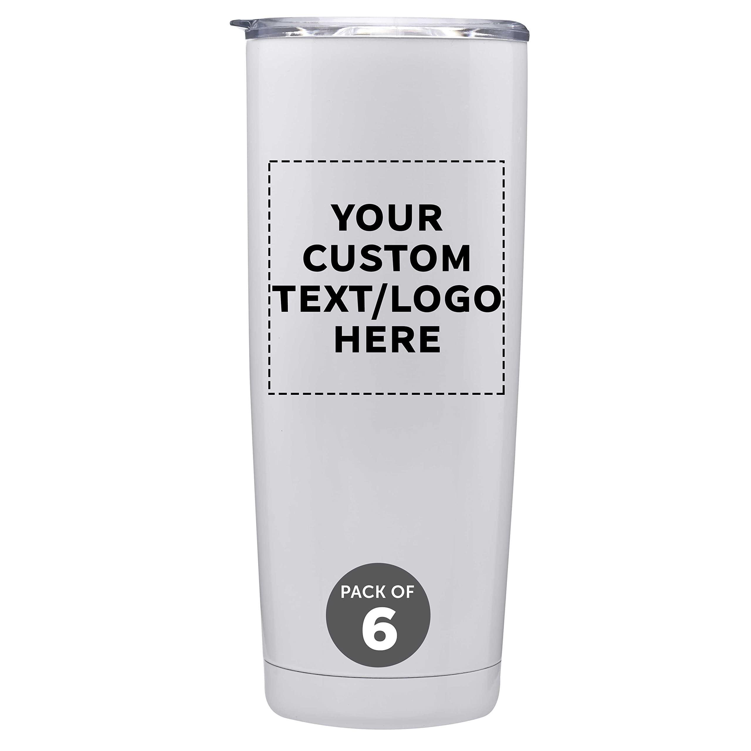 Custom Stainless Steel Coffee Tumblers 20 oz (Set of 6) - Double Wall Insulated Personalized Bulk Pack - Keeps Hot & Cold Beverages Perfect - Ideal for Coffee, Tea, Hot Cocoa, Office, Travel & Gifts - White