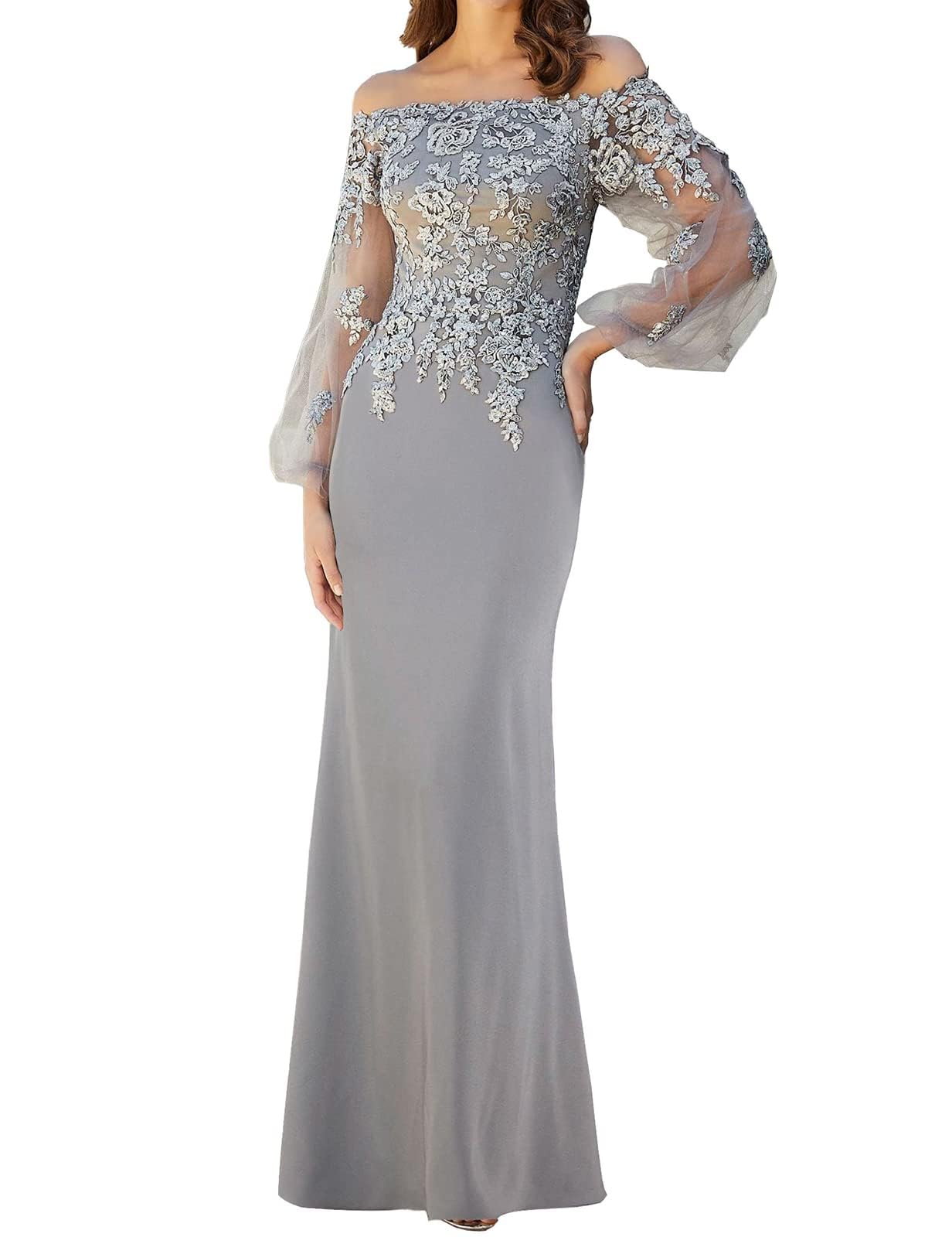 Elegant Long Sleeve Mother of The Bride Dress with Lace Appliques - Off Shoulder Chiffon Formal Gown for Weddings, Receptions & Special Occasions