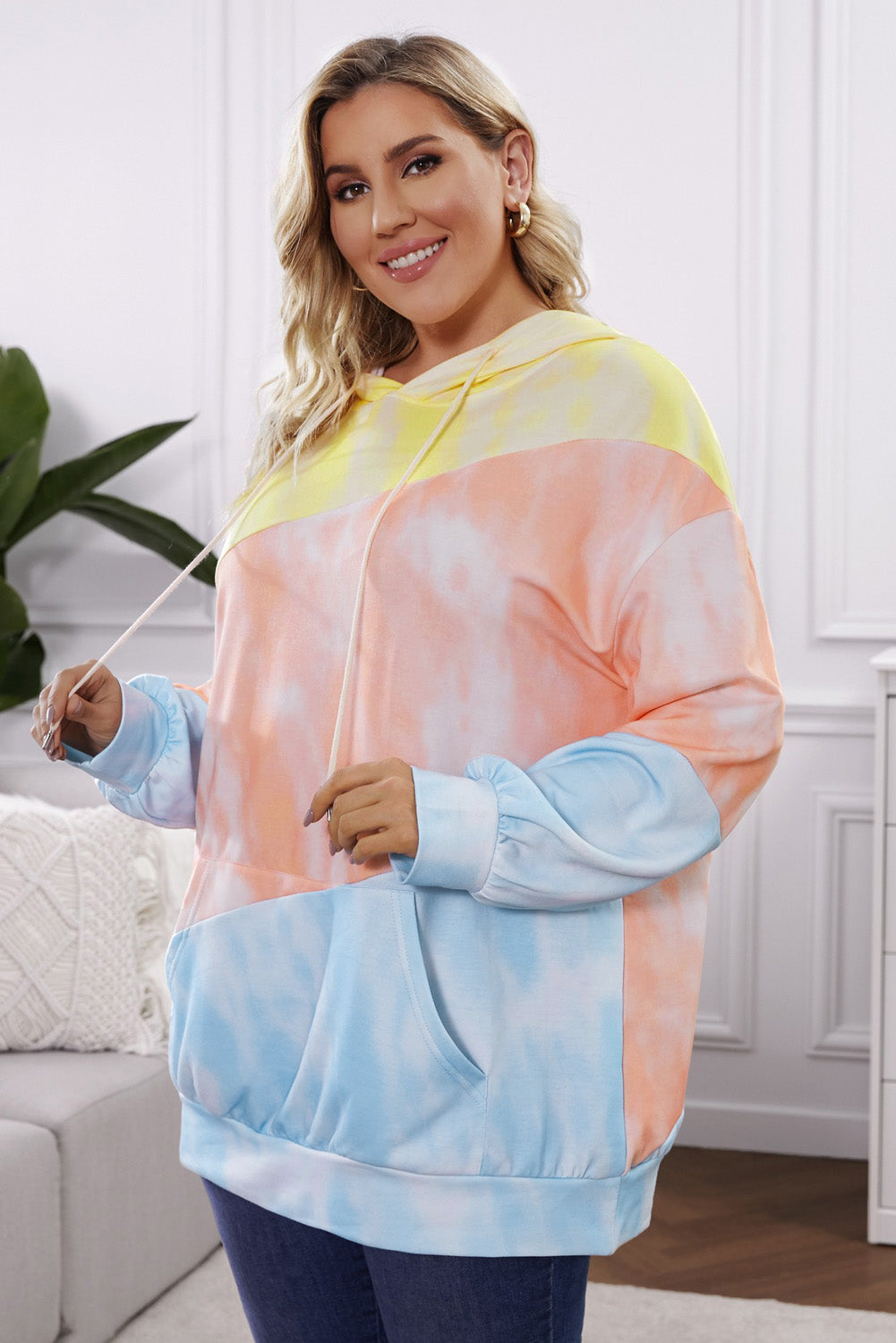 Plus Size Drawstring Color Block Dropped Shoulder Hoodie for Women - Comfortable Oversized Pullover Sweatshirt for Casual Wear, Lounge & Street Style Fashion