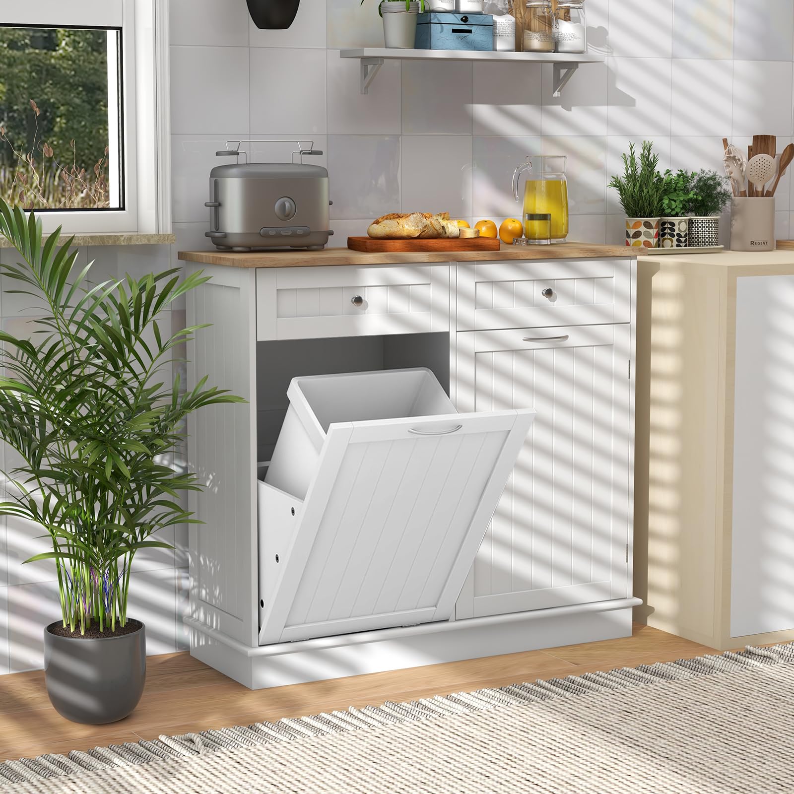 Giantex 15.5 Gallon Kitchen Trash Cabinet with Tilt-Out Bin - White Rubber Wood Countertop, 2 Large Drawers & Adjustable Shelf - Waste & Recycling Organizer for Kitchen Island, Pantry or Utility Room Storage