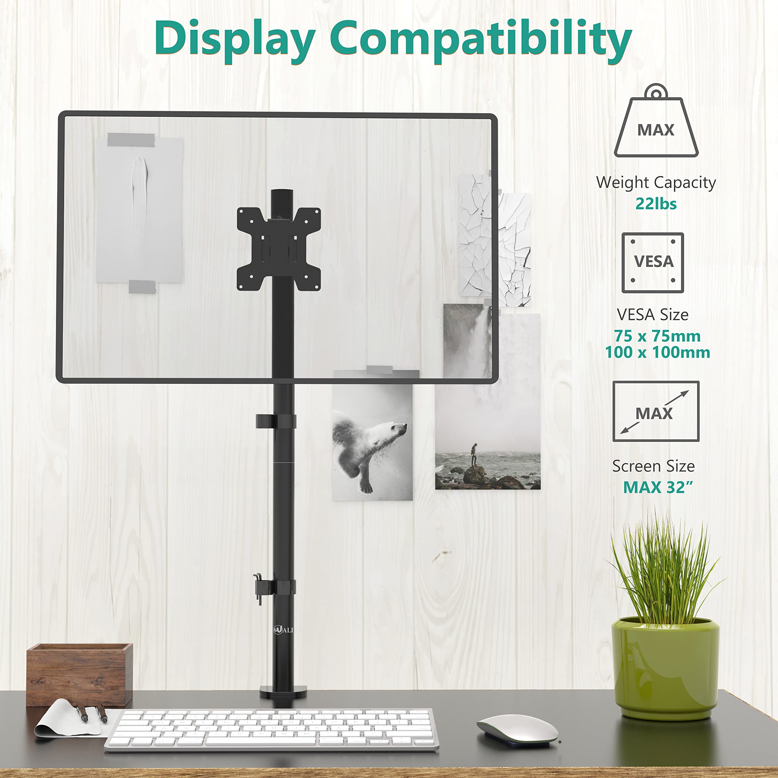 WALI Extra Tall Single Monitor Arm Mount for Desk - Heavy Duty Adjustable Stand for 13-32 inch Screens up to 22 lbs (M001XL, Black) - Perfect for Home Office, Gaming Setup & Workspace Ergonomics