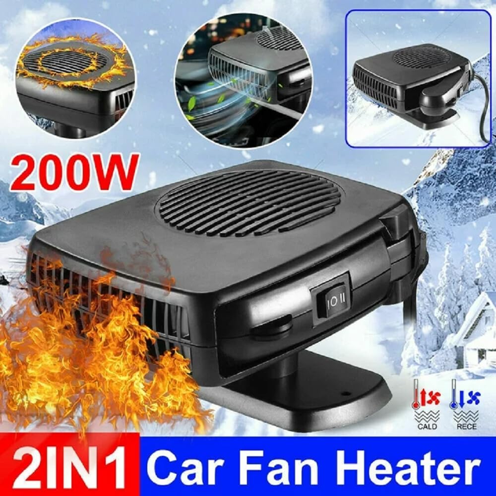 12V 200W Portable Car Heater & Defroster - Dual Mode Windshield Defogger with 360° Rotation & Cigarette Lighter Plug (Black) | Fast Heating for Winter Driving & Emergency Car Warmth