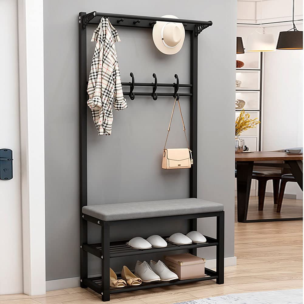 3-in-1 Entryway Organizer - Coat Rack Shoe Bench with Seat Cushion, 9 Hooks & Hanging Bars, Metal Frame Storage Shelf for Hallway, Home Office, Bedroom - Perfect for Small Space Organization & Shoe Storage at Entrance