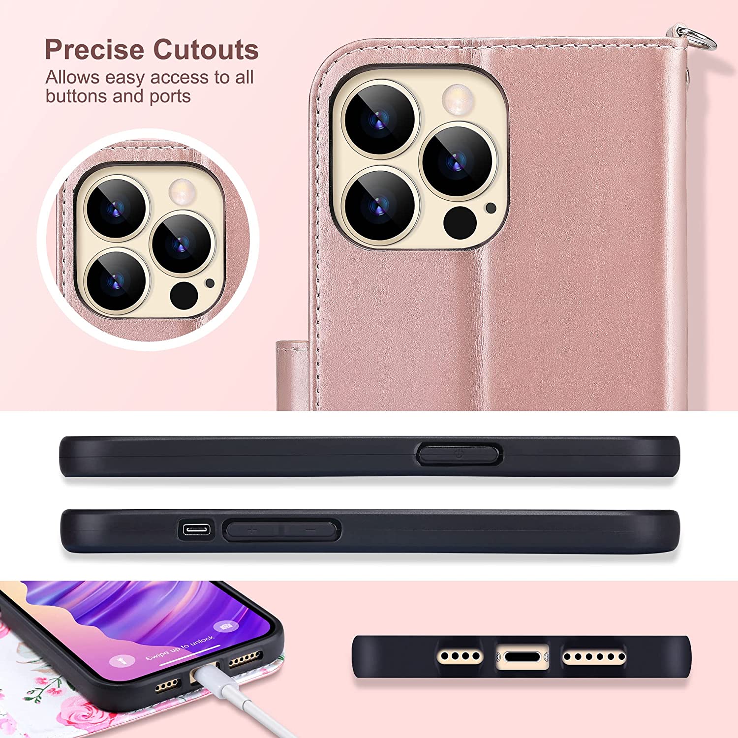 iPhone 14 Pro Max Wallet Case with Card Holder - Flip Protective Cover in Rose Gold | Slim Design for Everyday Use & Travel Protection