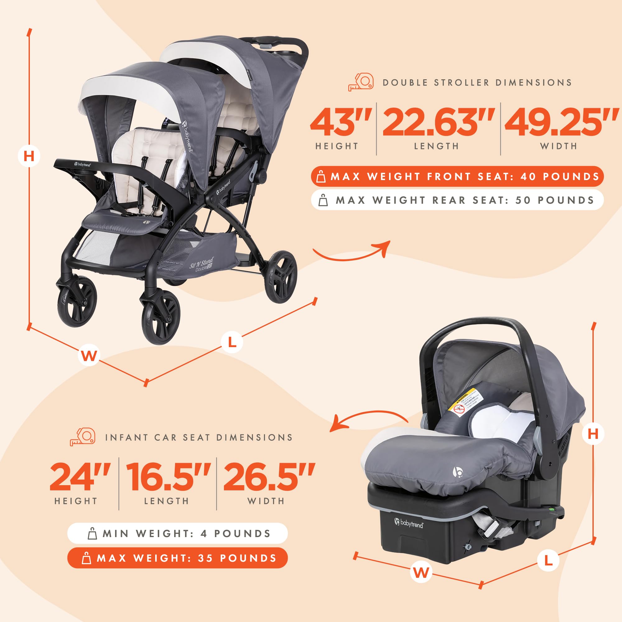 Baby Trend Sit N' Stand Double Stroller 2.0 DLX - Lightweight Convertible Stroller with 5-Point Safety Harness & EZ-Lift Plus Infant Car Seat - Cozy Magnolia Cover - Perfect for Twins, Siblings or Toddlers - Ideal for Shopping, Travel & Outdoor Walks