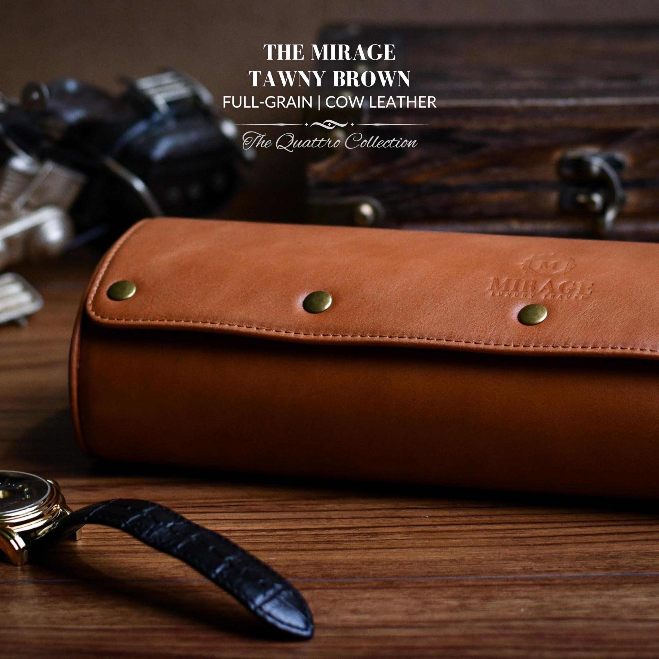 4-Piece Leather Watch Travel Case for Men - Premium Brown Full Grain Cowhide Watch Roll Storage Organizer - Perfect for Business Trips, Vacations & Watch Collectors