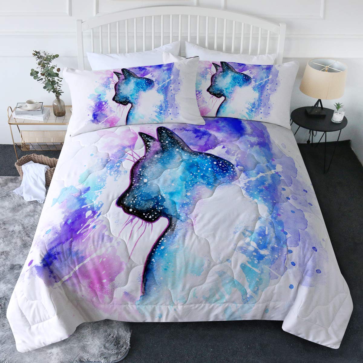 BlessLiving Galaxy Bedding Set for Kids - 3 Piece Space Animal Stars Comforter Set with Cute Cat Design - King Size Bedding for Cat Lovers - Perfect for Kids' Room Decor & Space Themed Bedrooms