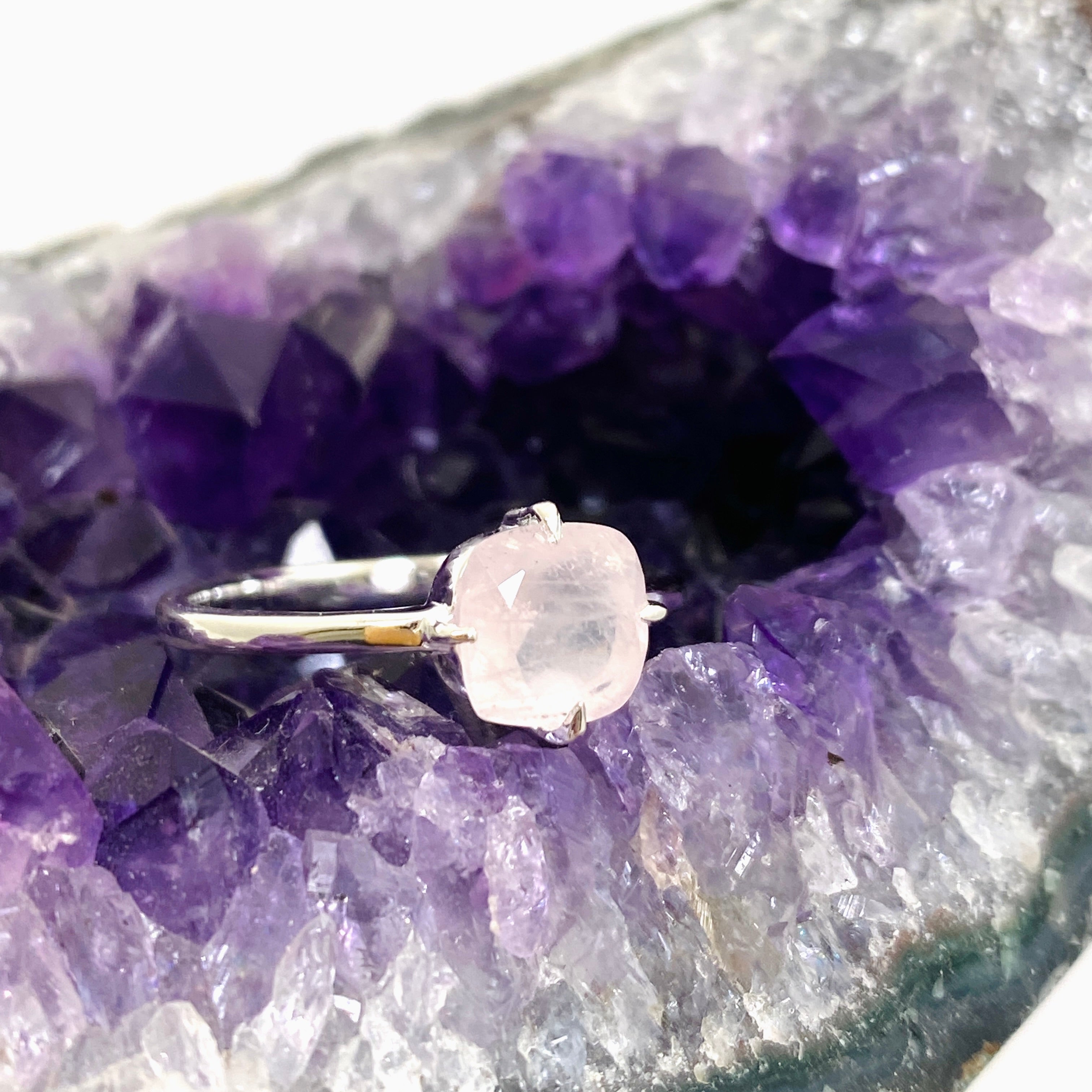 Rose Quartz Faceted Square Solitaire Ring R4806 - Elegant Healing Crystal Jewelry for Women, Perfect for Meditation, Gifts & Everyday Wear