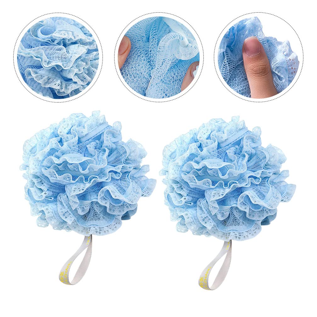 SOLUSTRE 3-Pack Soft Mesh Bath Sponges - Exfoliating Shower Pouf with Lace Design, Gentle Body Scrubber for Adults & Baby, Perfect for Daily Cleansing & Skin Care Routine (Blue/White/Pink) - Ideal for Sensitive Skin, Spa Days & Family Bath Time