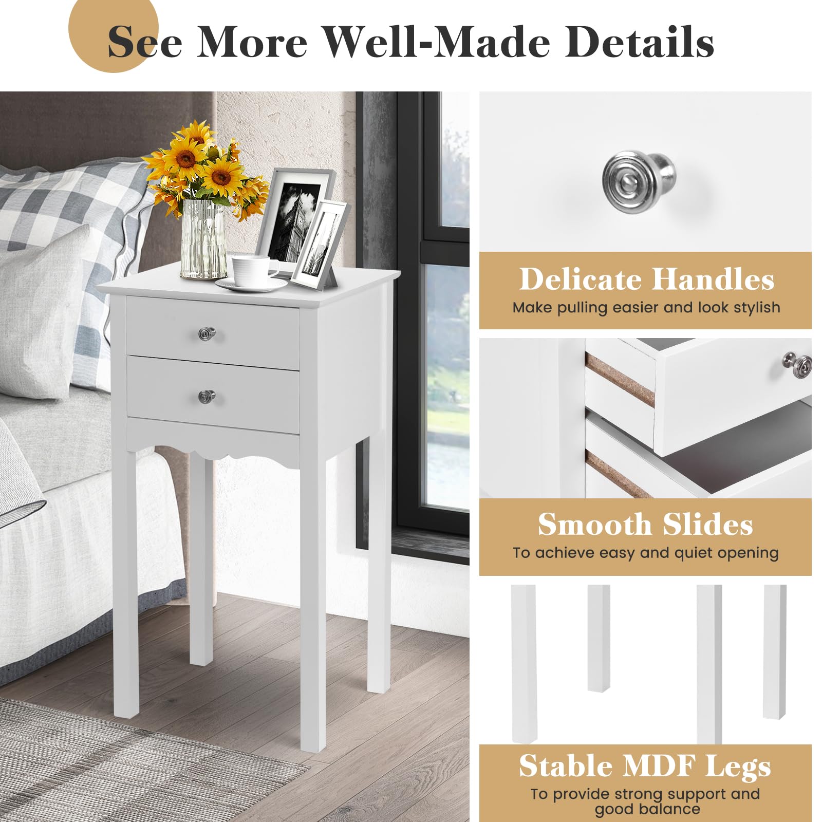 Giantex 2-Piece White End Table Set with 2 Drawers - Multi-Purpose Nightstand, Side Table for Living Room, Bedroom & Home Decor - Perfect for Small Spaces, Apartment Essentials & Accent Furniture
