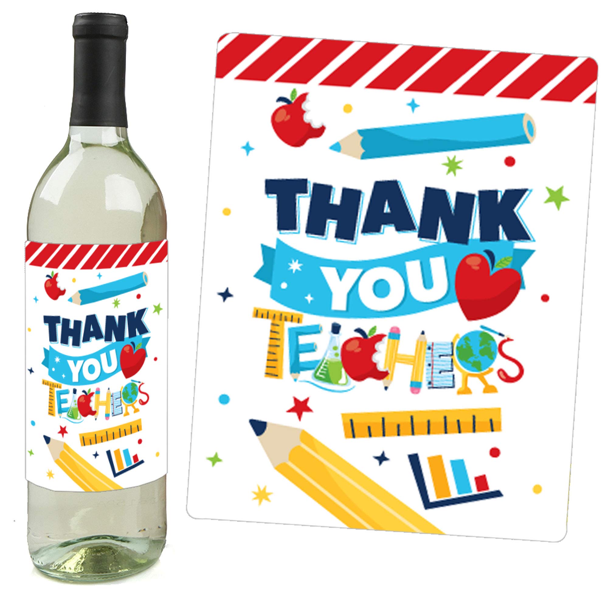Big Dot of Happiness Thank You Teacher Appreciation Gifts - Set of 4 Wine Bottle Label Stickers for Women & Men - Perfect for Teacher's Day, Retirement Parties & End of Year Celebrations