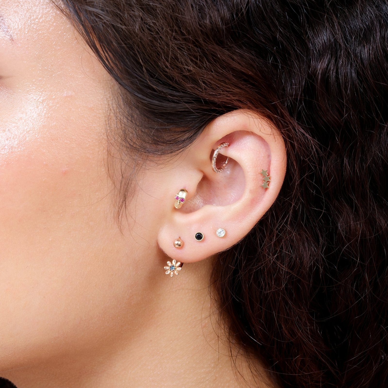 14k Rose Gold Reversible Huggie Hoop Earrings - Blue Diamond Flower & Ball Design | Perfect for Everyday Wear, Date Nights & Special Occasions