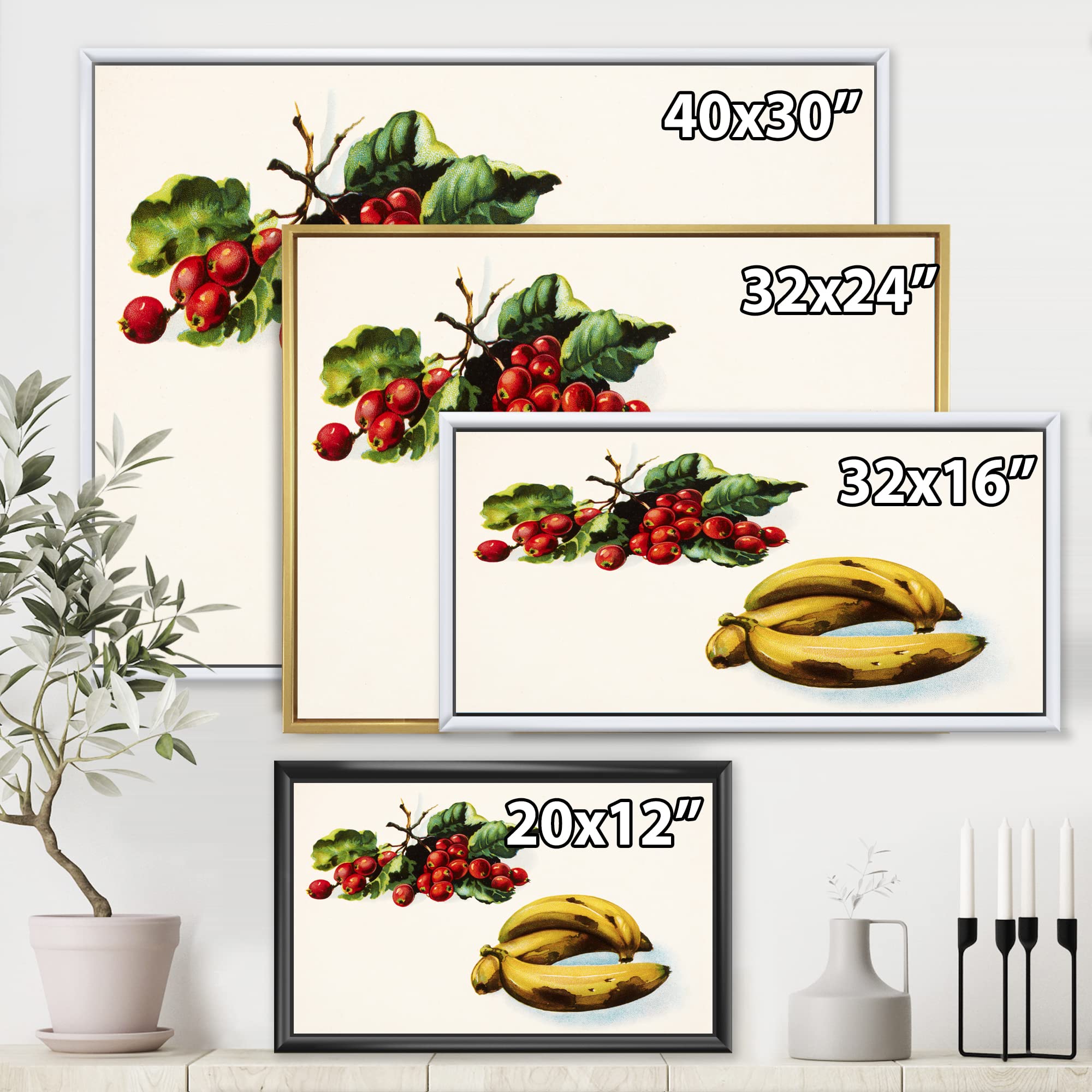 Farmhouse Framed Canvas Wall Art Print - Banana & Red Berries Design for Kitchen, Dining Room & Country Home Decor | DesignQ Modern Botanical Painting