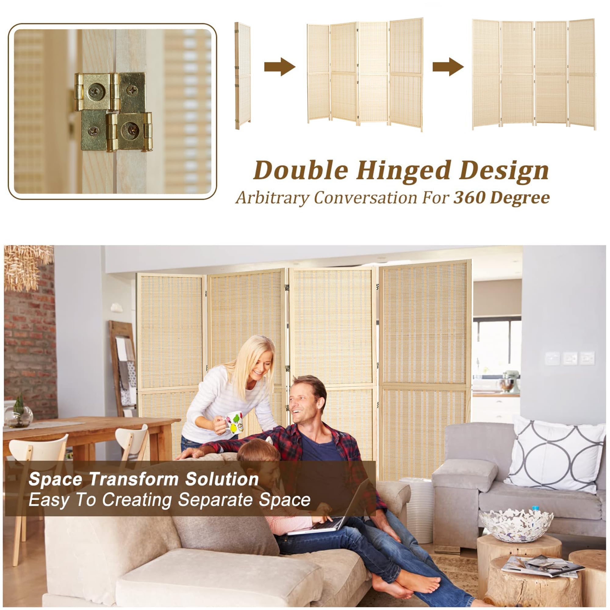 Duraspace 4 Panel Bamboo Room Divider - 6ft Tall Folding Privacy Screen for Home & Office - Portable Freestanding Wall Partition with Sturdy Double Hinge - Perfect for Room Separation, Bedroom Privacy, and Event Decoration