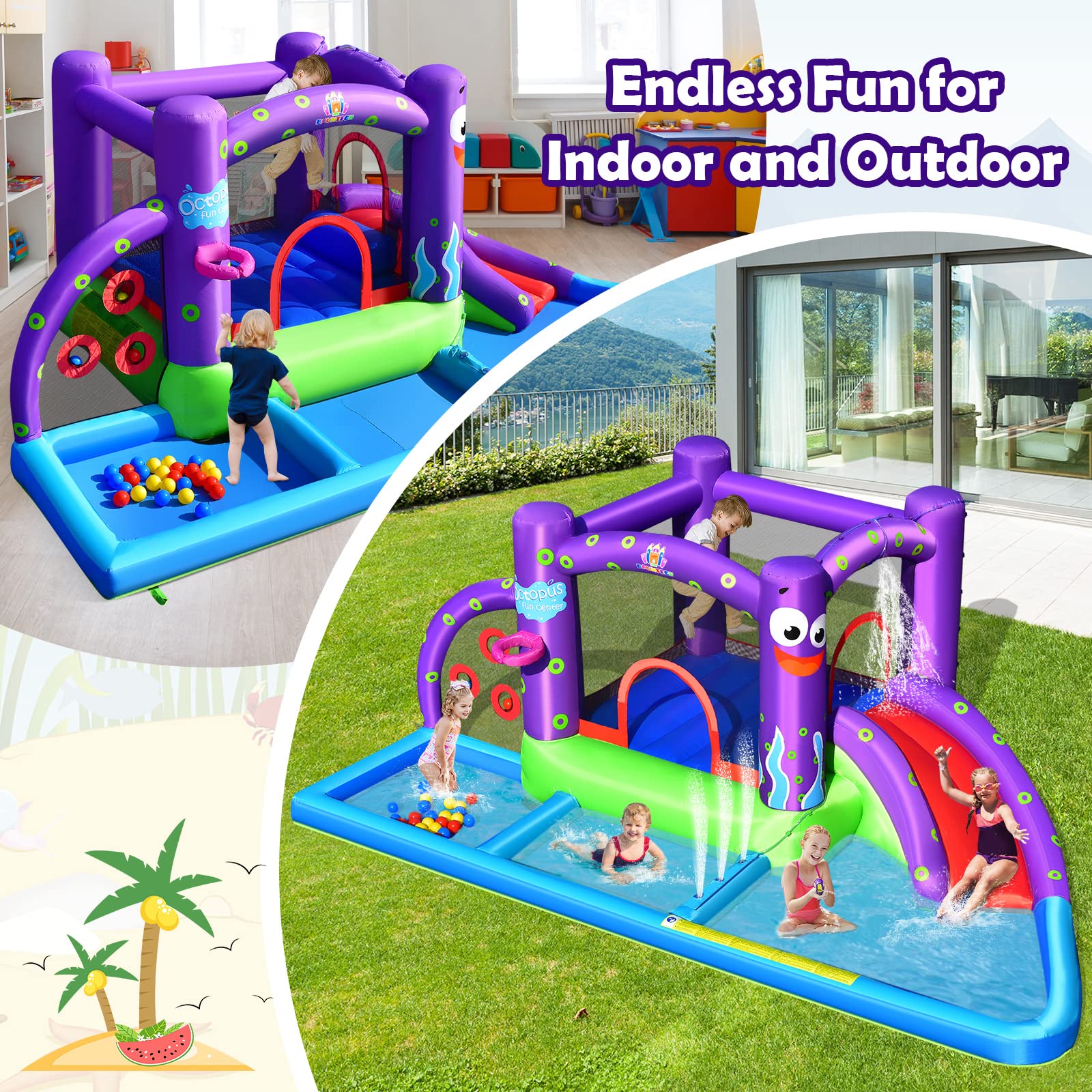 **HONEY JOY 6-in-1 Inflatable Water Slide & Bounce House with 750W Blower, Splash Pool, and Slide - Giant Outdoor Water Park for Kids & Adults - Perfect for Backyard Parties, Summer Fun, and Family Gatherings**