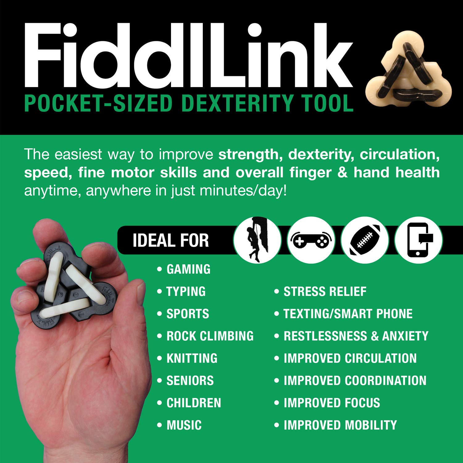 Fiddllink Dexterity Tool - Stress Relief Fidget Toy for Anxiety & Focus - Perfect for ADHD, Office, Travel & Classroom Use