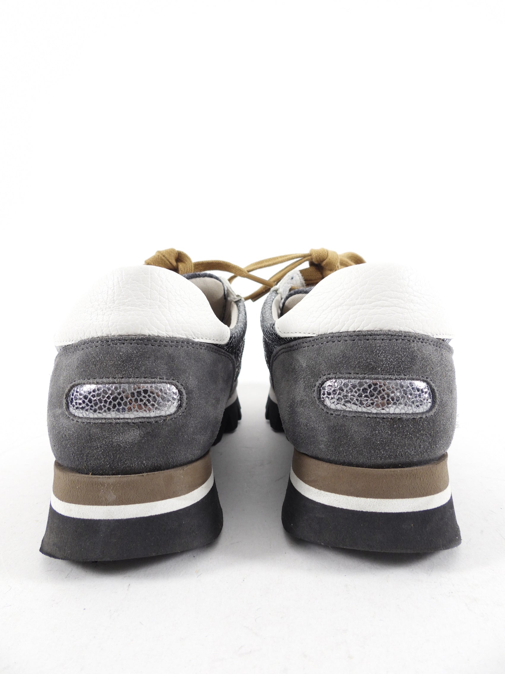 Brunello Cucinelli Pewter Shimmer Monili Sneakers Women's Size 37 | Luxury Italian Leather Fashion Shoes for Casual Wear & Everyday Comfort