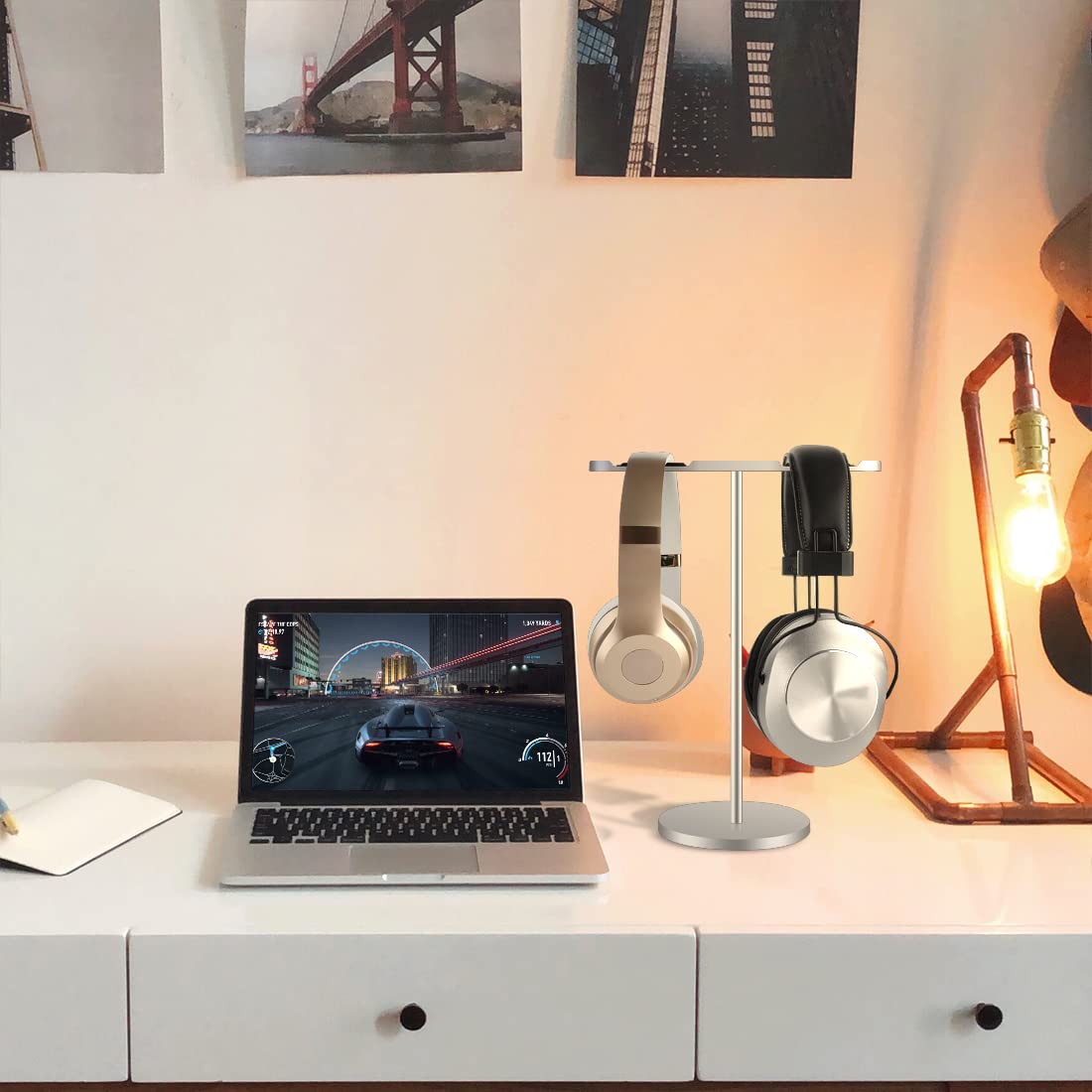 Premium Aluminum Alloy Dual Headphone Stand for Over-Ear & On-Ear Headphones - Heavy Duty Gaming Headset Holder with Sturdy Base - Compatible with Bose QC45, QC35 (Silver) | Perfect for Desk Organization & Gaming Setup Accessories