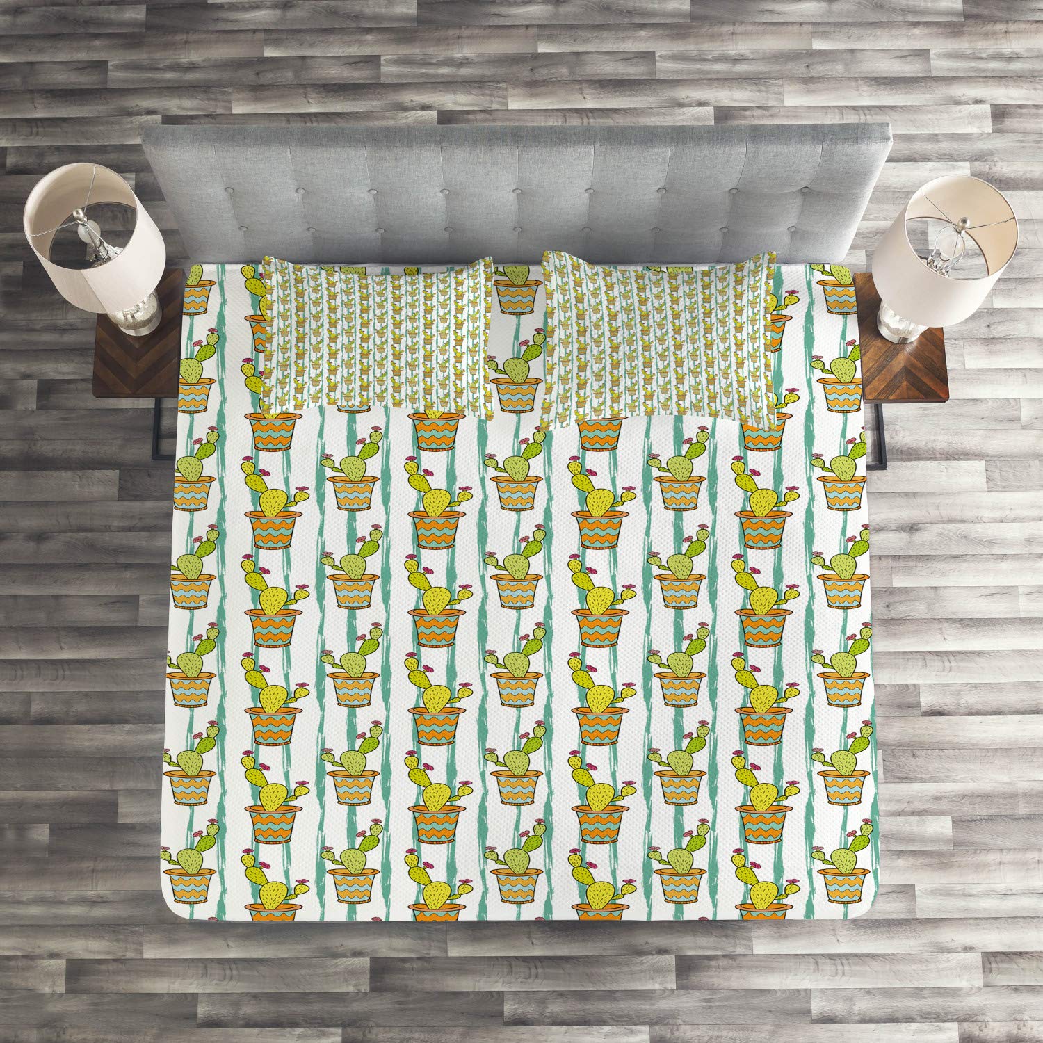 Ambesonne King Size 3-Piece Cactus Quilted Bedspread Set with 2 Pillow Shams | Green Orange Mint Chevron Pattern | Cartoon Cactus Design | Perfect for Boho Bedroom Decor, Guest Room, or Dorm Room