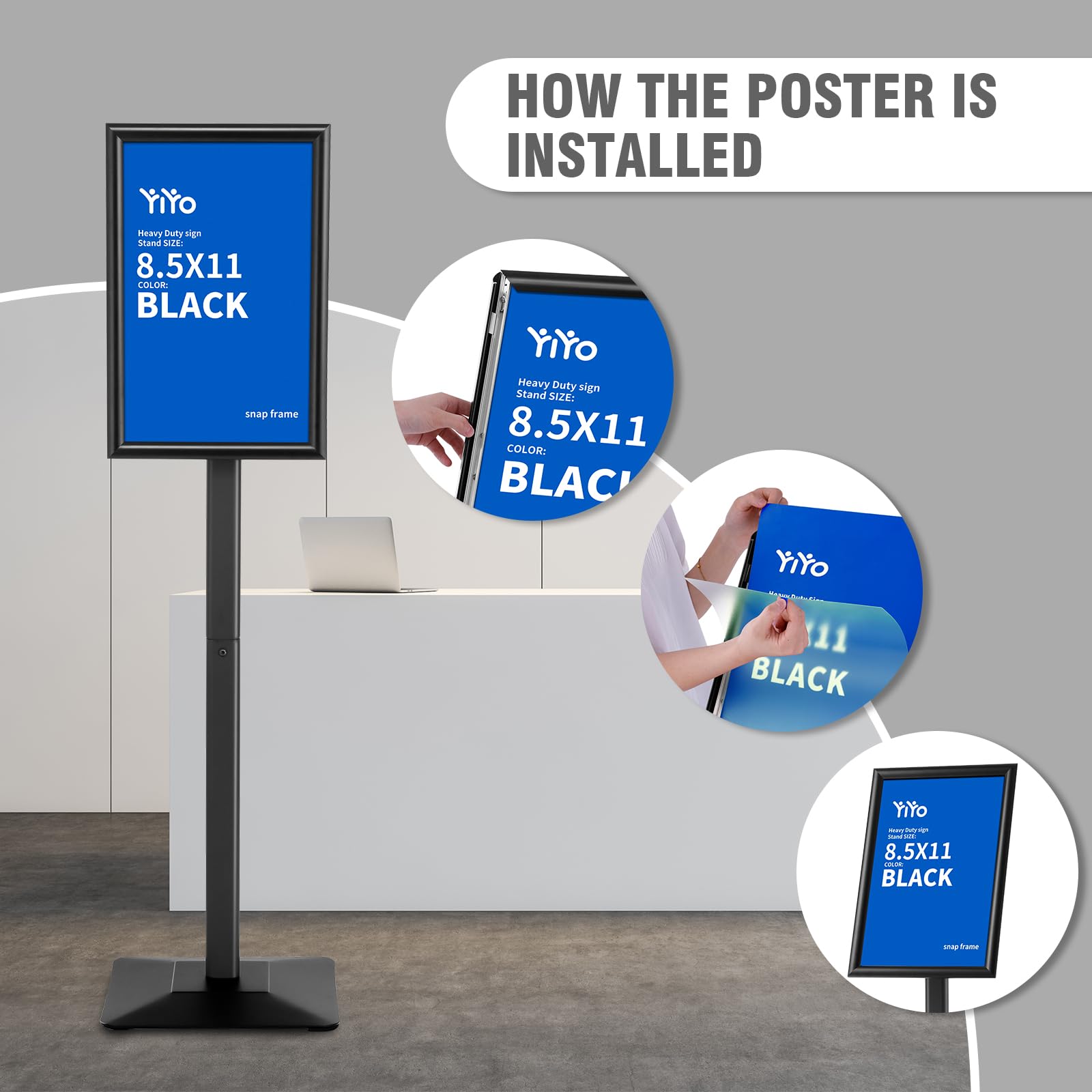 YIYO Adjustable Heavy Duty Aluminum Floor Sign Stand - 8.5x11 Inch Black Poster Display Holder for Retail, Trade Shows & Events