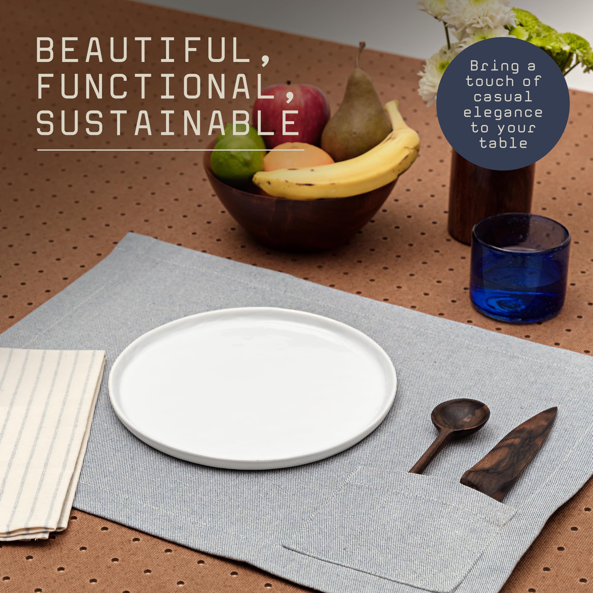 MEEMA 4-Pack Recycled Denim & Cotton Placemats with Pockets - 14x20 Inch Farmhouse Style Washable Table Mats for Dining Room, Kitchen, Parties & Special Occasions (Blue) | Eco-Friendly Home Decor