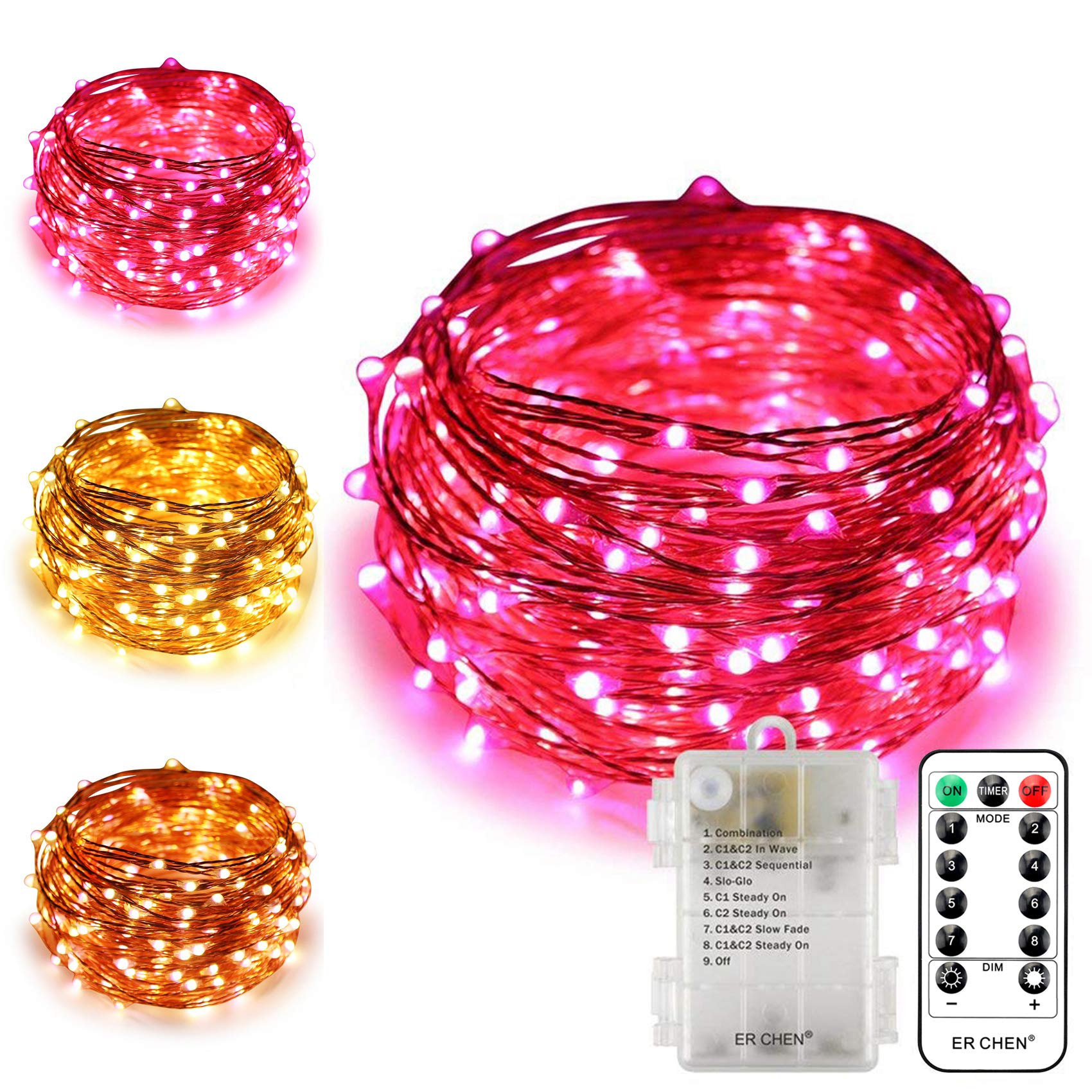 66FT 200 LED Battery Operated Fairy Lights - Dual Color Changing (Warm White & Pink) with Remote & Timer, 8 Dimmable Modes, Copper Wire for Indoor Outdoor Patio, Garden, Wedding, Party Decor