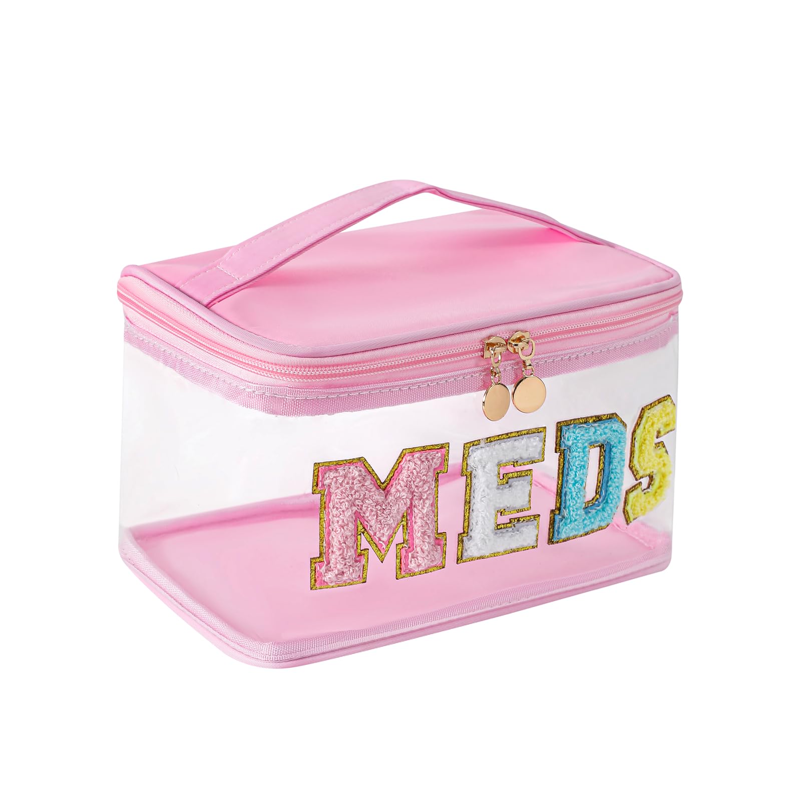 Waterproof Chenille Letter Clear Makeup Bag - Large Transparent PVC Nylon Cosmetic Organizer with Handle for Travel, First Aid, Medicine Storage (Light Pink) - Perfect for School, Gym, Work & Vacation Essentials
